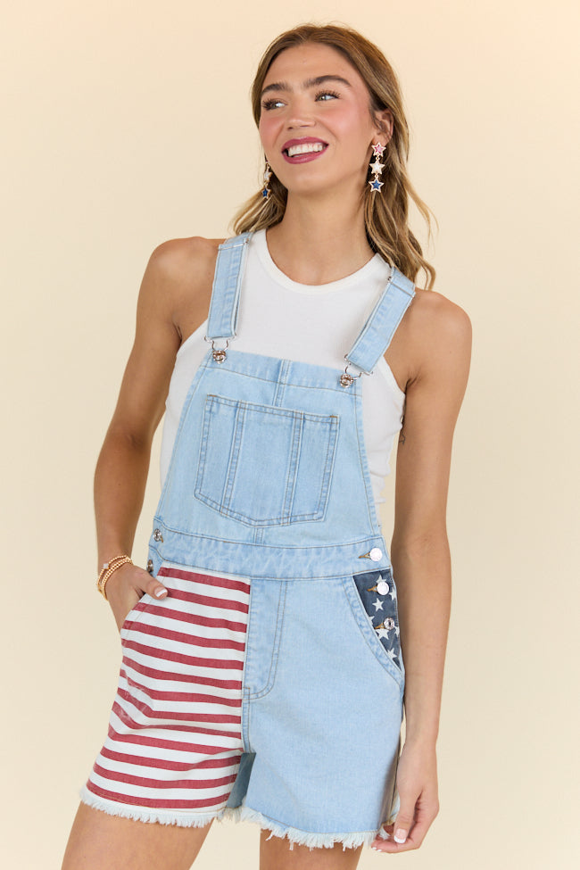 From The Heartland Light Wash Relaxed Fit Flag Detail Denim Overalls