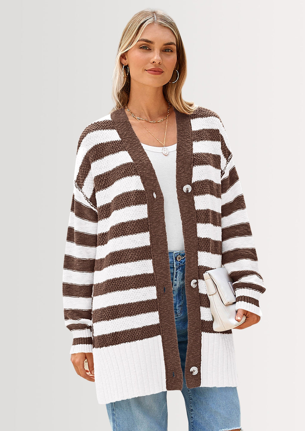Women's Winter Striped Cardigan Sweaters Long Sleeve Button Down Open Front Chunky Knit Oversized Sweater Coat