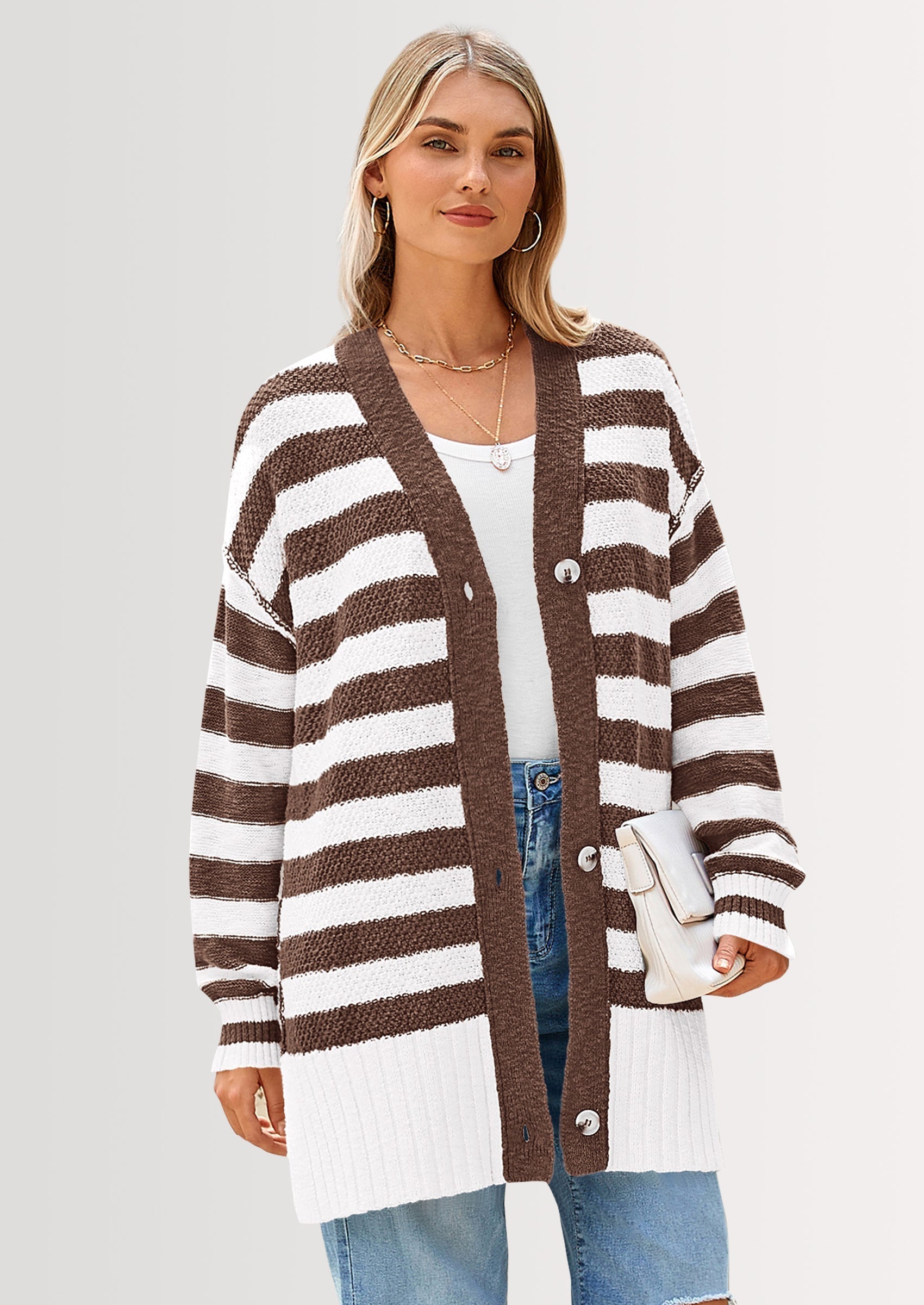 Women's Winter Striped Cardigan Sweaters Long Sleeve Button Down Open Front Chunky Knit Oversized Sweater Coat