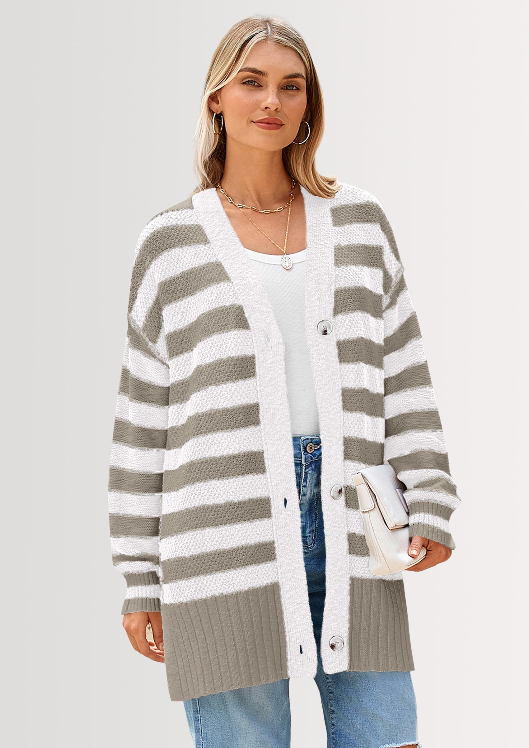 Women's Winter Striped Cardigan Sweaters Long Sleeve Button Down Open Front Chunky Knit Oversized Sweater Coat