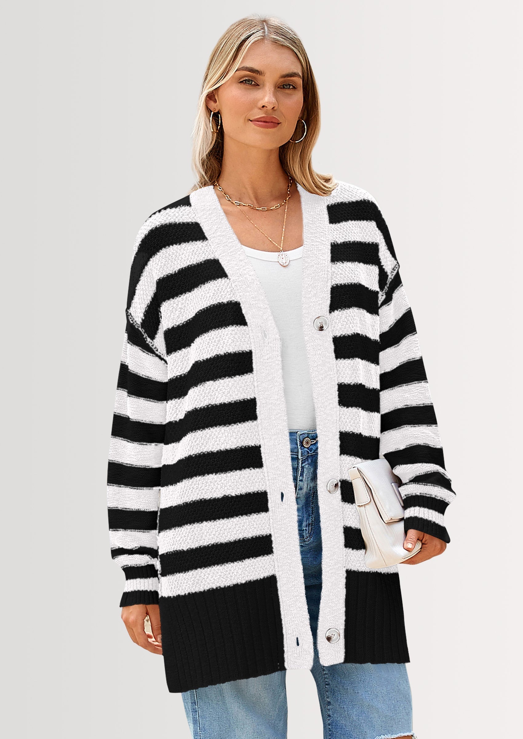 Women's Winter Striped Cardigan Sweaters Long Sleeve Button Down Open Front Chunky Knit Oversized Sweater Coat