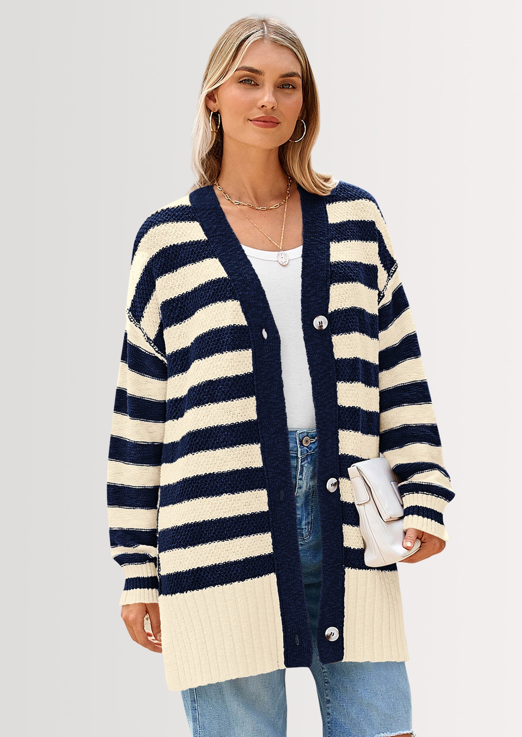 Women's Winter Striped Cardigan Sweaters Long Sleeve Button Down Open Front Chunky Knit Oversized Sweater Coat