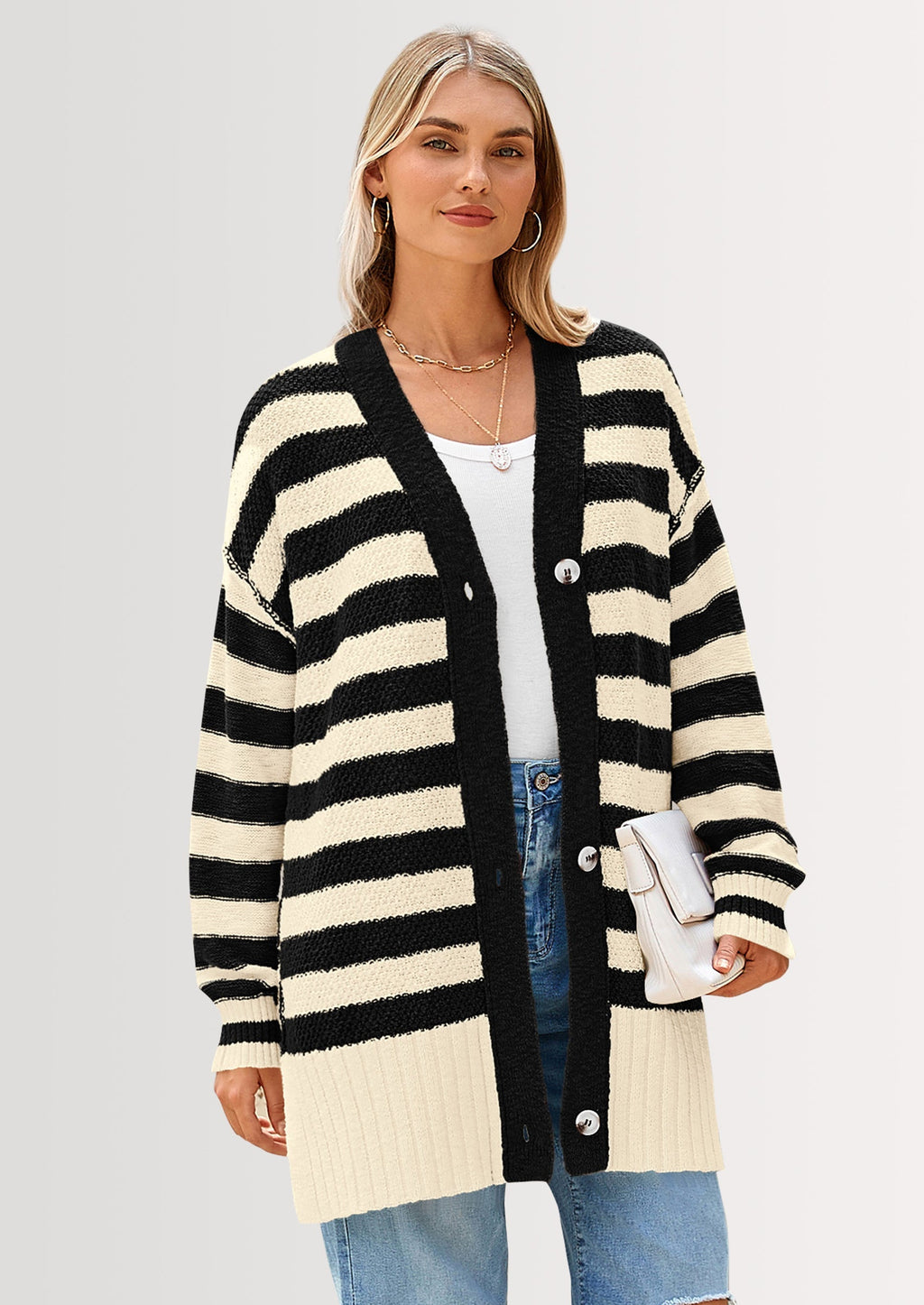 Women's Winter Striped Cardigan Sweaters Long Sleeve Button Down Open Front Chunky Knit Oversized Sweater Coat