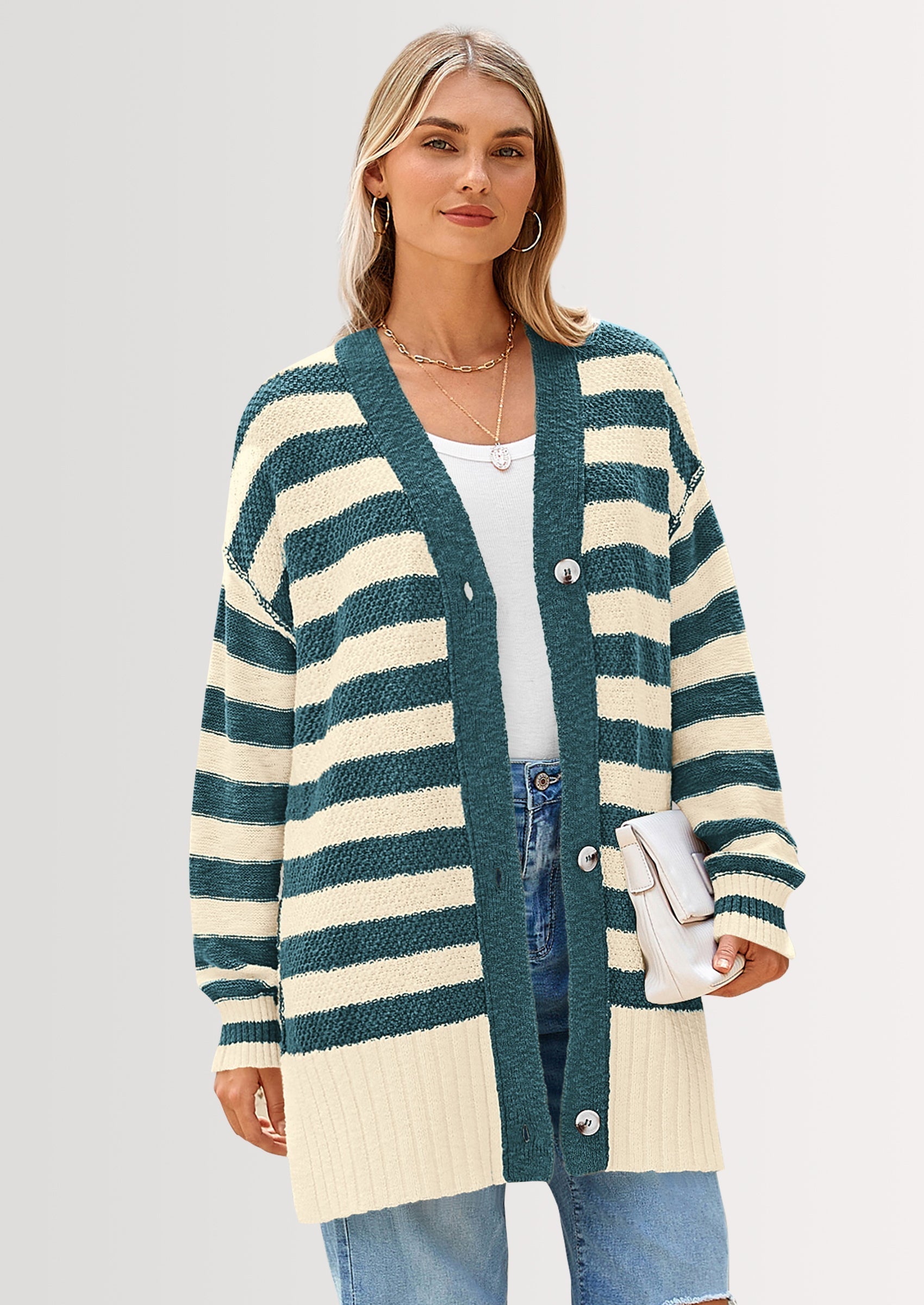 Women's Winter Striped Cardigan Sweaters Long Sleeve Button Down Open Front Chunky Knit Oversized Sweater Coat