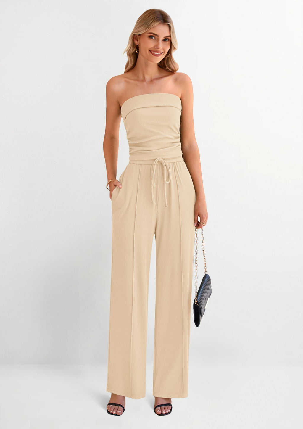 2 Piece Sets Casual Ribbed Knit Crop Tube Top Wide Leg Pants Lounge Set