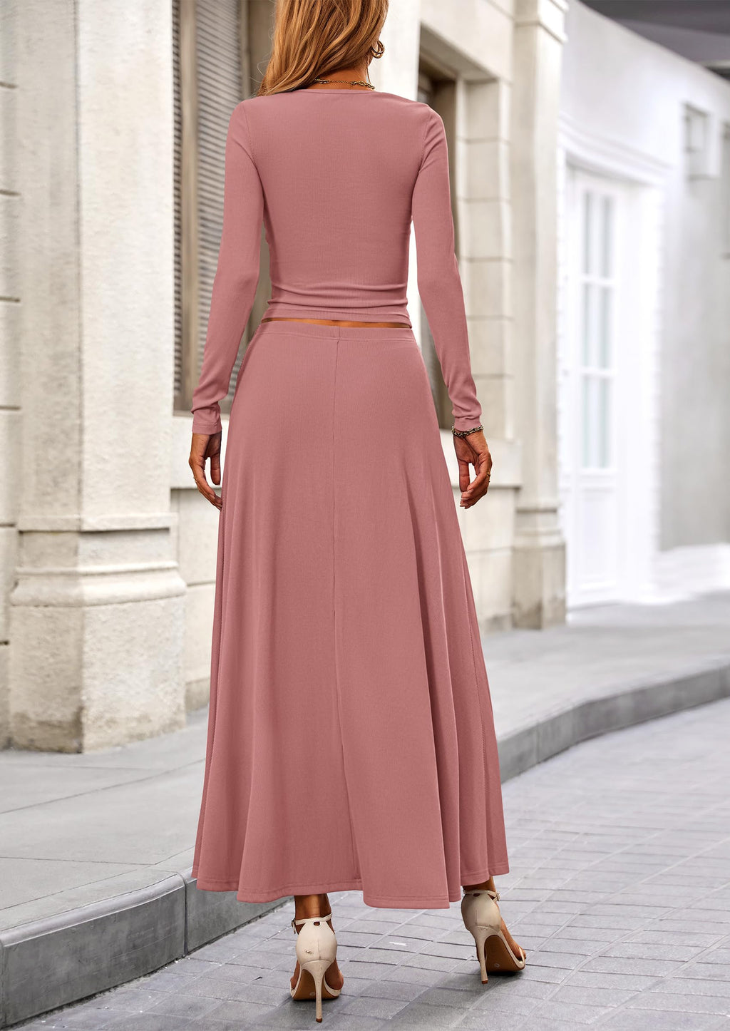 2 Piece Casual Ribbed Knit Long Sleeve Crop Tops Maxi Flowy Skirts Matching Sets