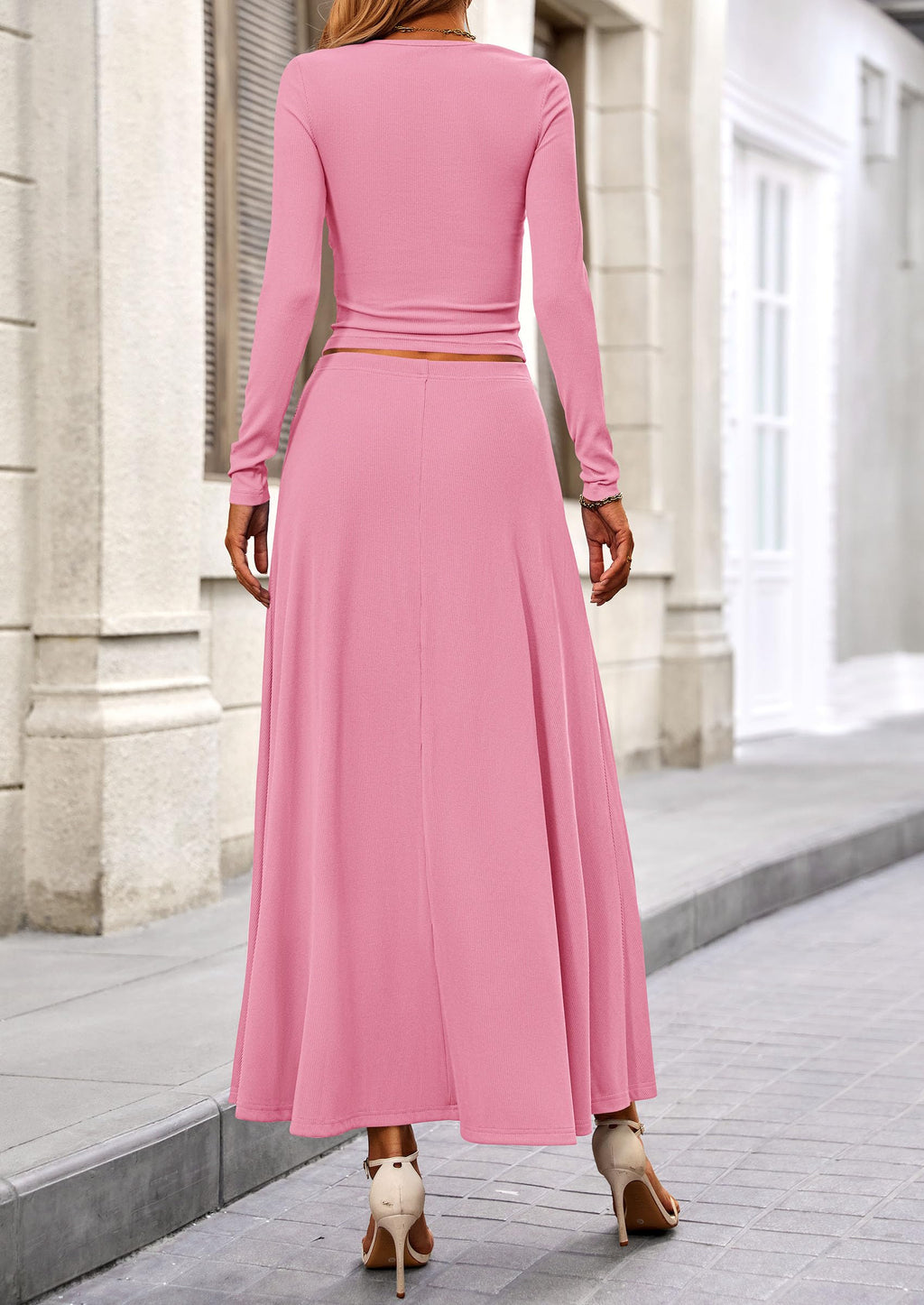 2 Piece Casual Ribbed Knit Long Sleeve Crop Tops Maxi Flowy Skirts Matching Sets