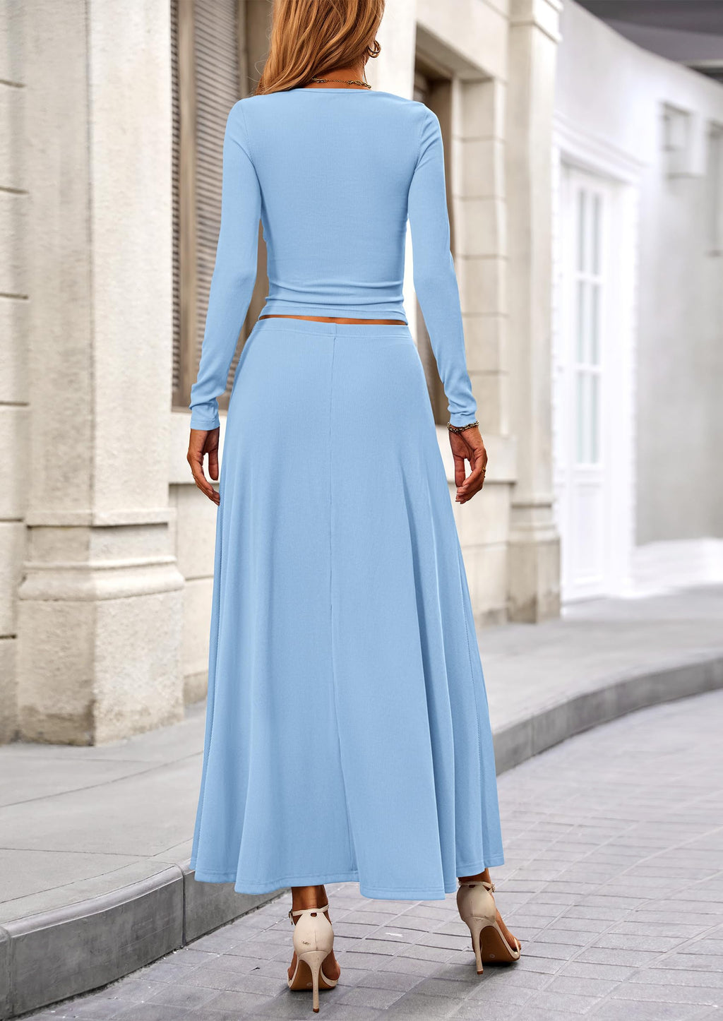 2 Piece Casual Ribbed Knit Long Sleeve Crop Tops Maxi Flowy Skirts Matching Sets