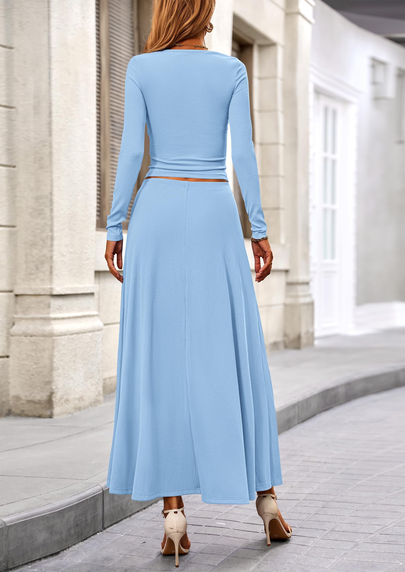 2 Piece Casual Ribbed Knit Long Sleeve Crop Tops Maxi Flowy Skirts Matching Sets