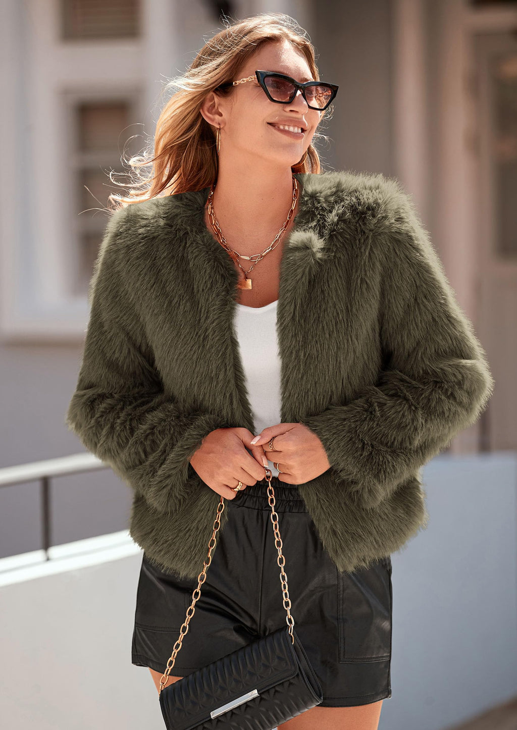Women's Winter Coats Fleece Cropped Jacket Faux Fur Long Sleeve Pockets Shaggy Warm Outerwear Fall Clothes