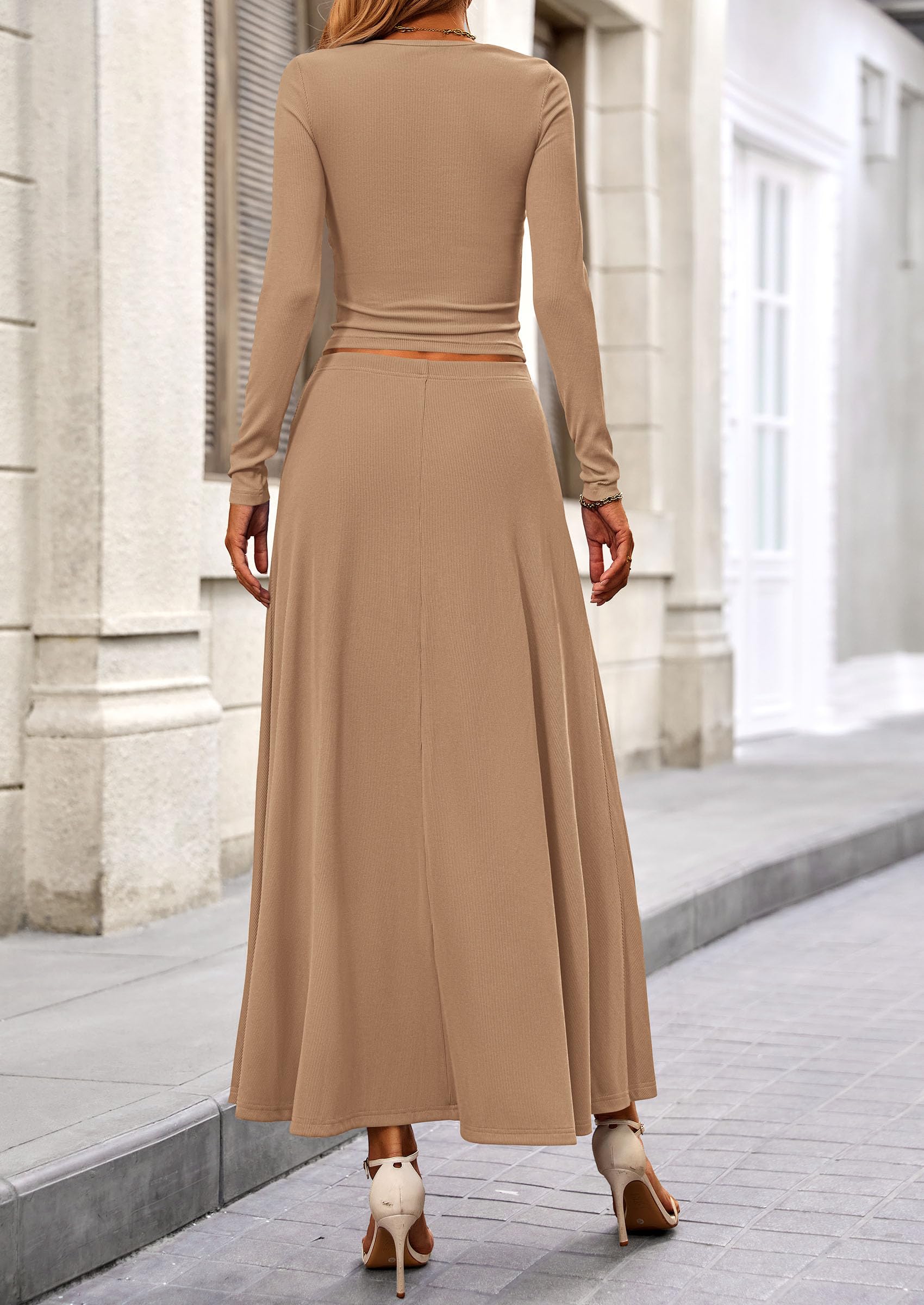 2 Piece Casual Ribbed Knit Long Sleeve Crop Tops Maxi Flowy Skirts Matching Sets