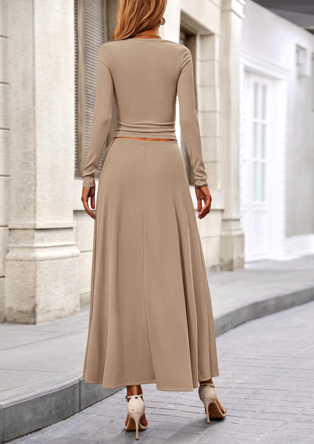 2 Piece Casual Ribbed Knit Long Sleeve Crop Tops Maxi Flowy Skirts Matching Sets