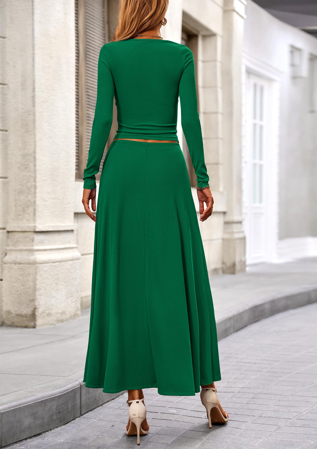 2 Piece Casual Ribbed Knit Long Sleeve Crop Tops Maxi Flowy Skirts Matching Sets