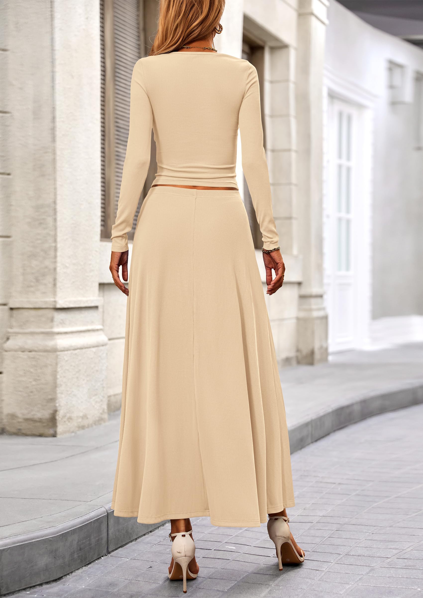 2 Piece Casual Ribbed Knit Long Sleeve Crop Tops Maxi Flowy Skirts Matching Sets