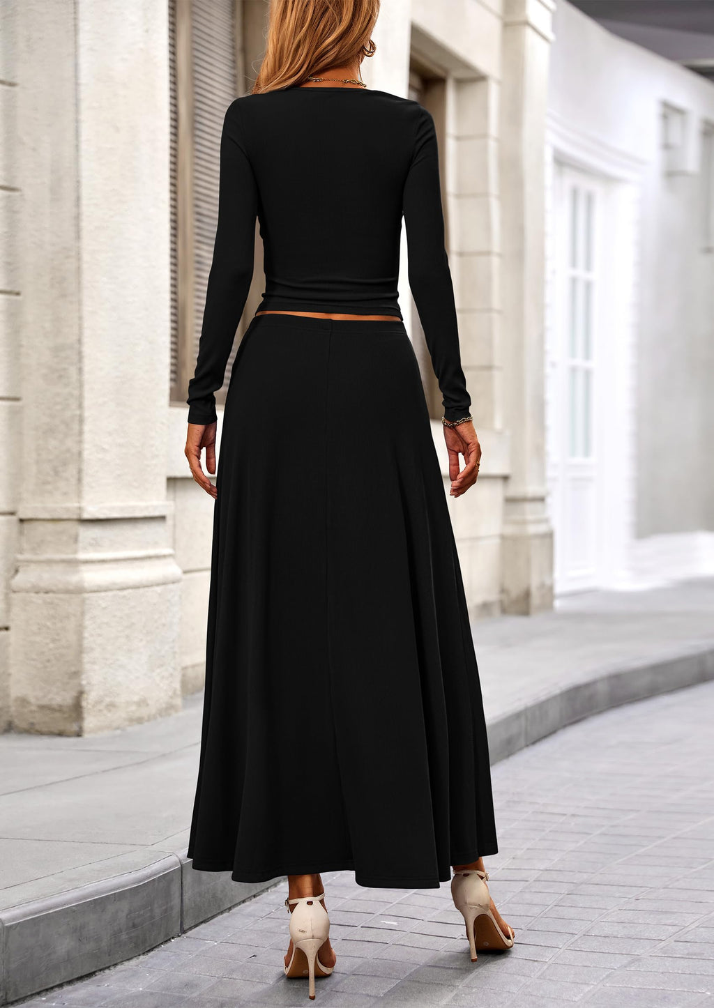 2 Piece Casual Ribbed Knit Long Sleeve Crop Tops Maxi Flowy Skirts Matching Sets