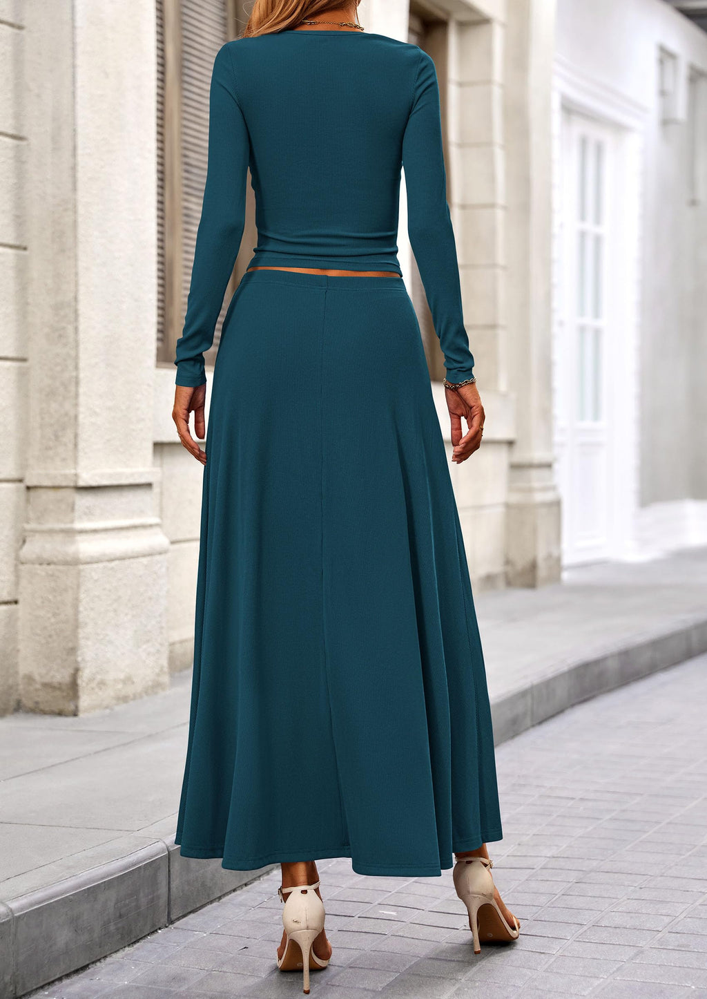 2 Piece Casual Ribbed Knit Long Sleeve Crop Tops Maxi Flowy Skirts Matching Sets
