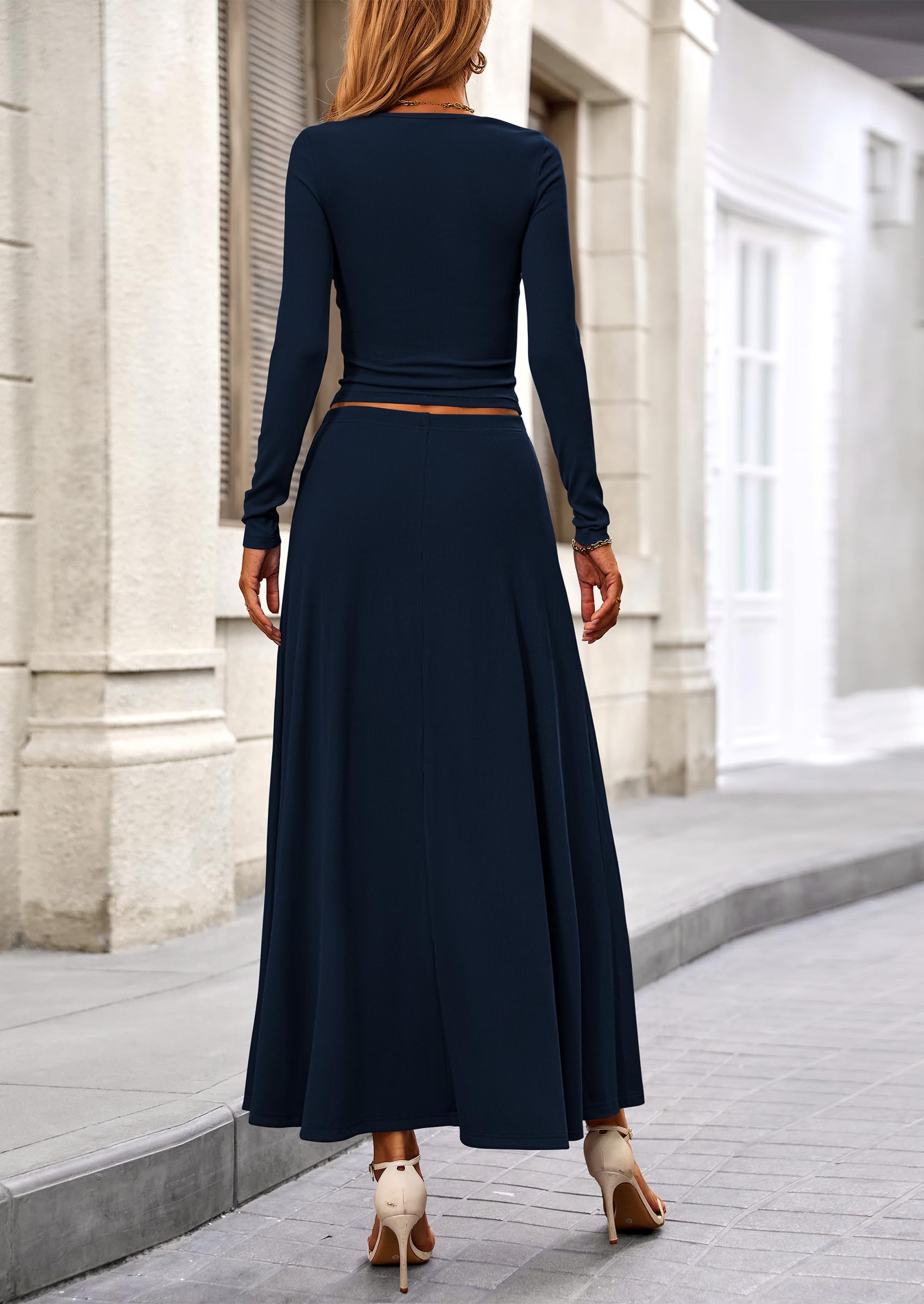 2 Piece Casual Ribbed Knit Long Sleeve Crop Tops Maxi Flowy Skirts Matching Sets