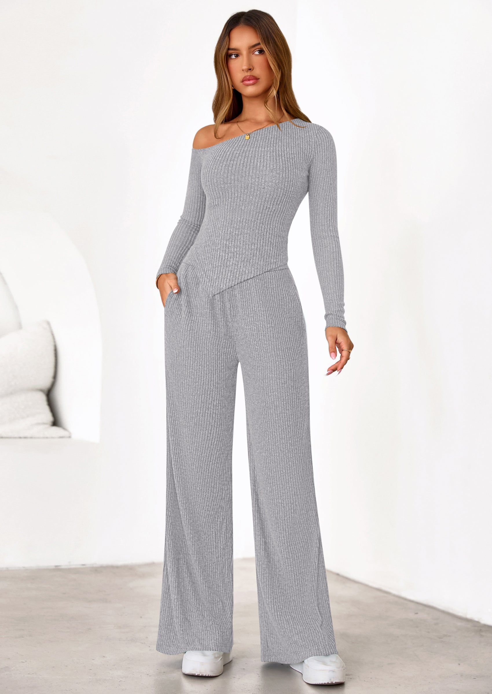 Casual Two Piece Sets for Women Fall Outfits Asymmetrical Off Shoulder Tops Wide Leg Pants Knit Lounge Set