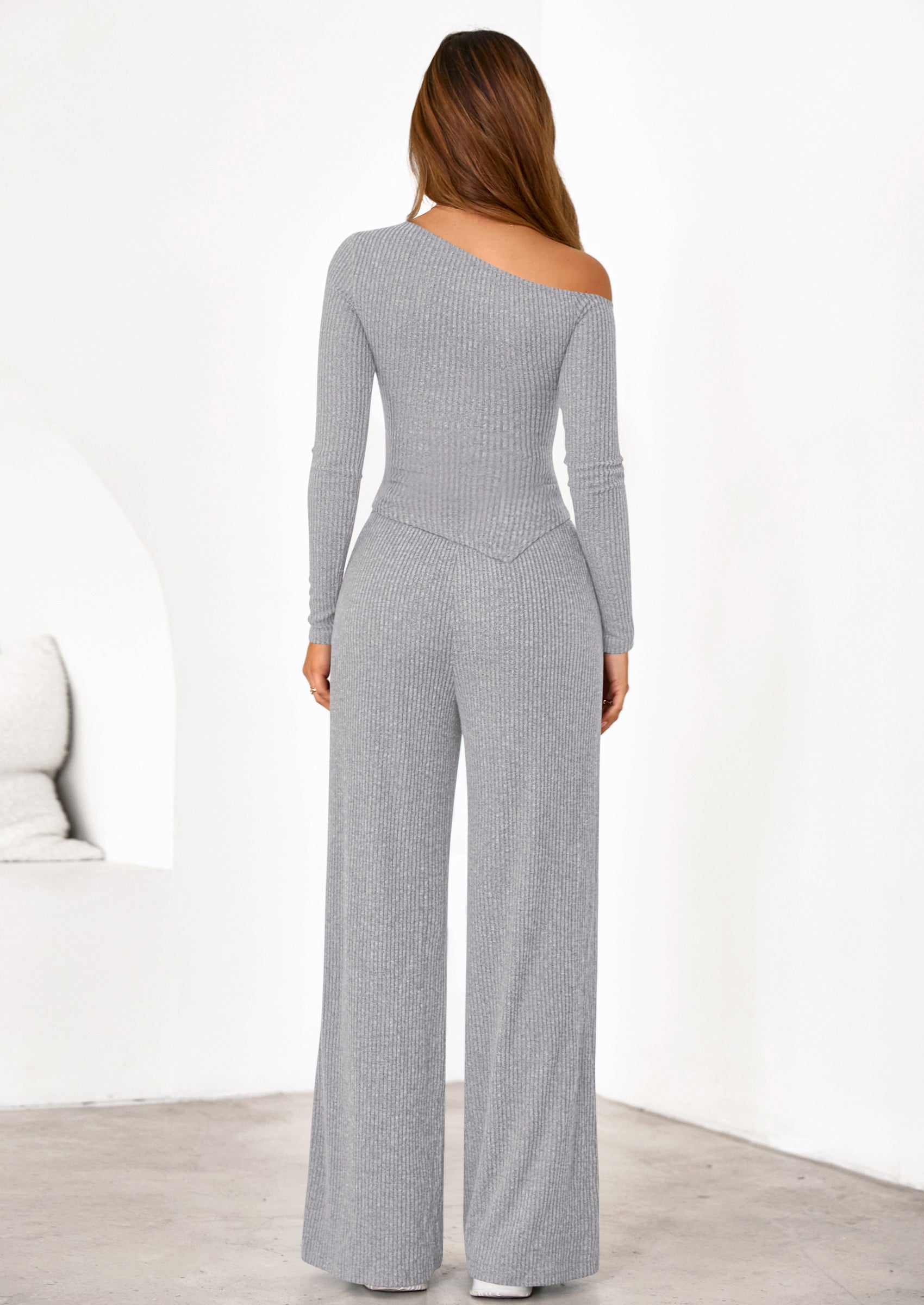 Casual Two Piece Sets for Women Fall Outfits Asymmetrical Off Shoulder Tops Wide Leg Pants Knit Lounge Set