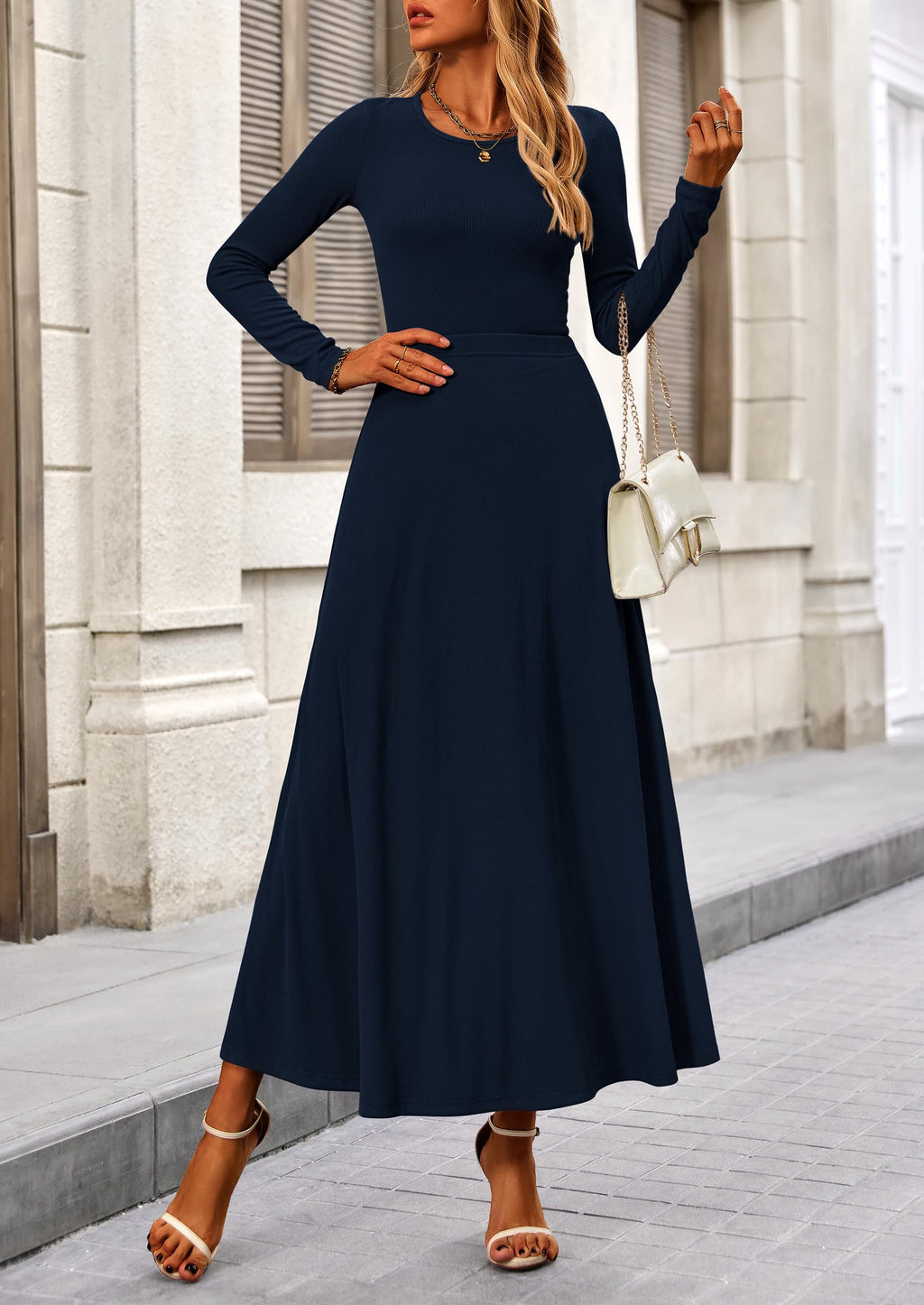 2 Piece Casual Ribbed Knit Long Sleeve Crop Tops Maxi Flowy Skirts Matching Sets