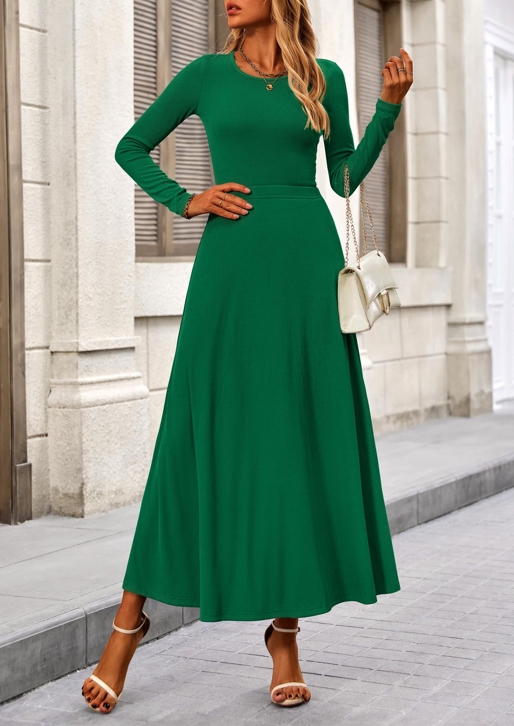 2 Piece Casual Ribbed Knit Long Sleeve Crop Tops Maxi Flowy Skirts Matching Sets