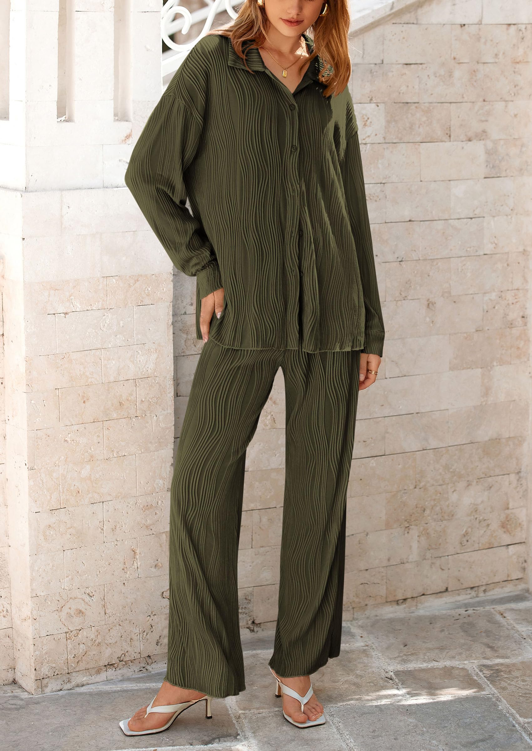 2 Piece Textured Sets Casual Button Down Shirt Wide Leg Pants Outfit Loungewear Tracksuit