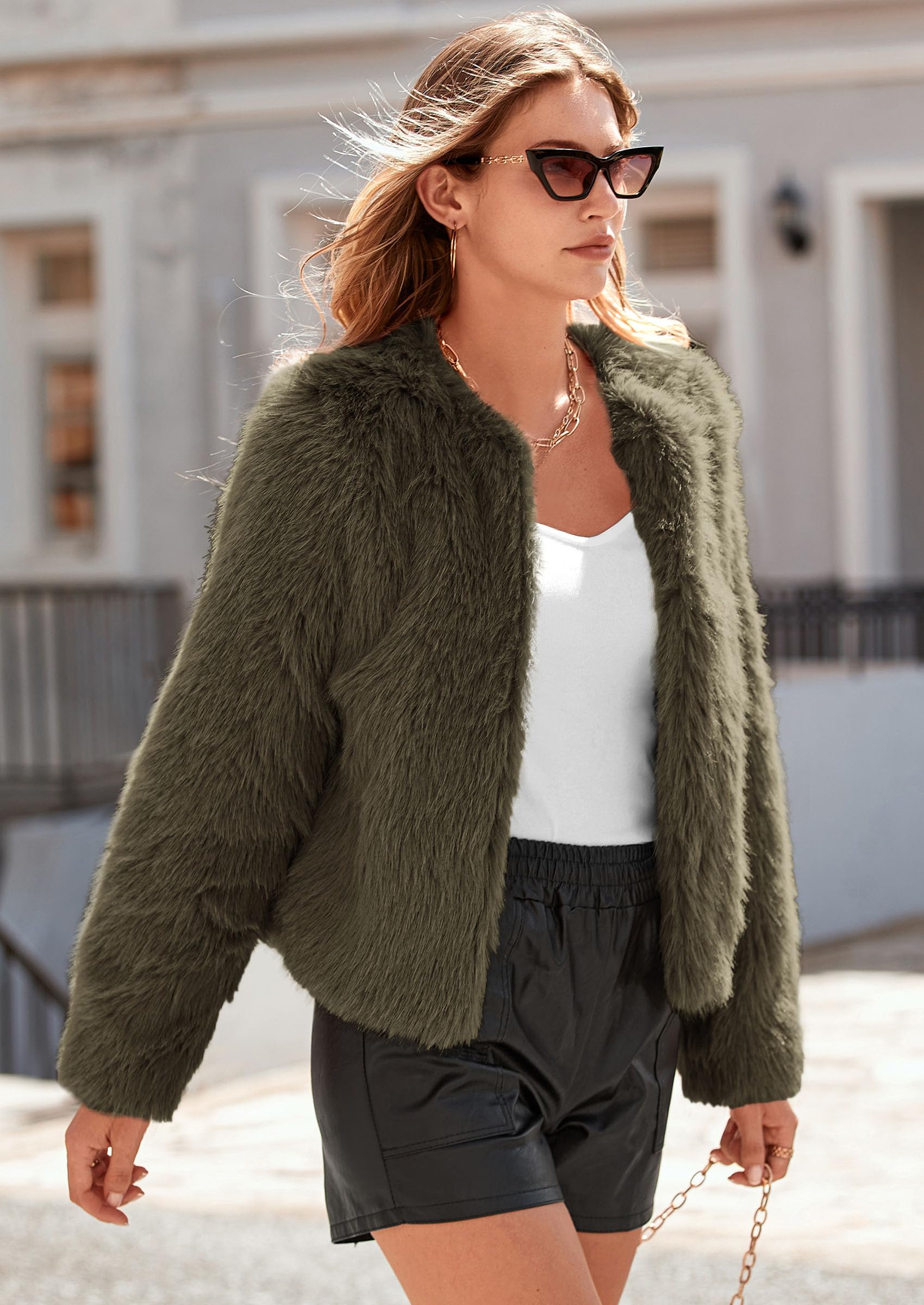 Women's Winter Coats Fleece Cropped Jacket Faux Fur Long Sleeve Pockets Shaggy Warm Outerwear Fall Clothes