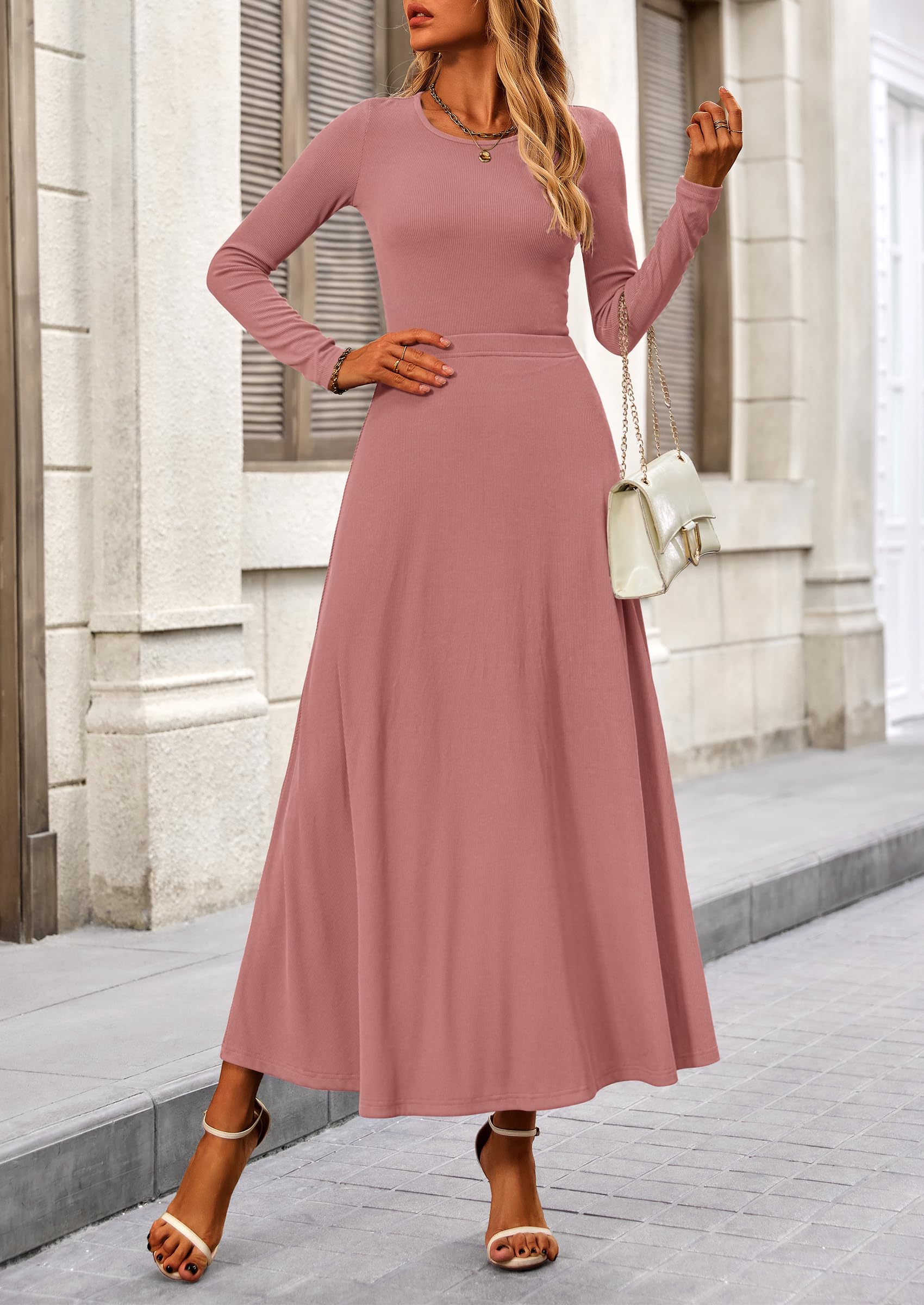 2 Piece Casual Ribbed Knit Long Sleeve Crop Tops Maxi Flowy Skirts Matching Sets