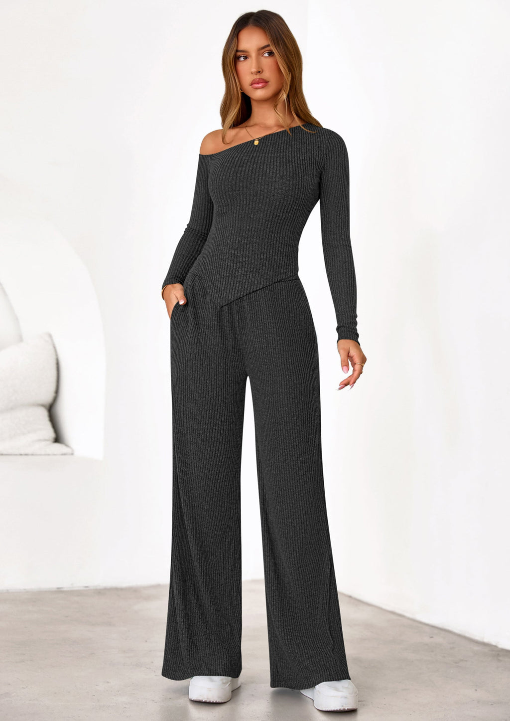 Casual Two Piece Sets for Women Fall Outfits Asymmetrical Off Shoulder Tops Wide Leg Pants Knit Lounge Set