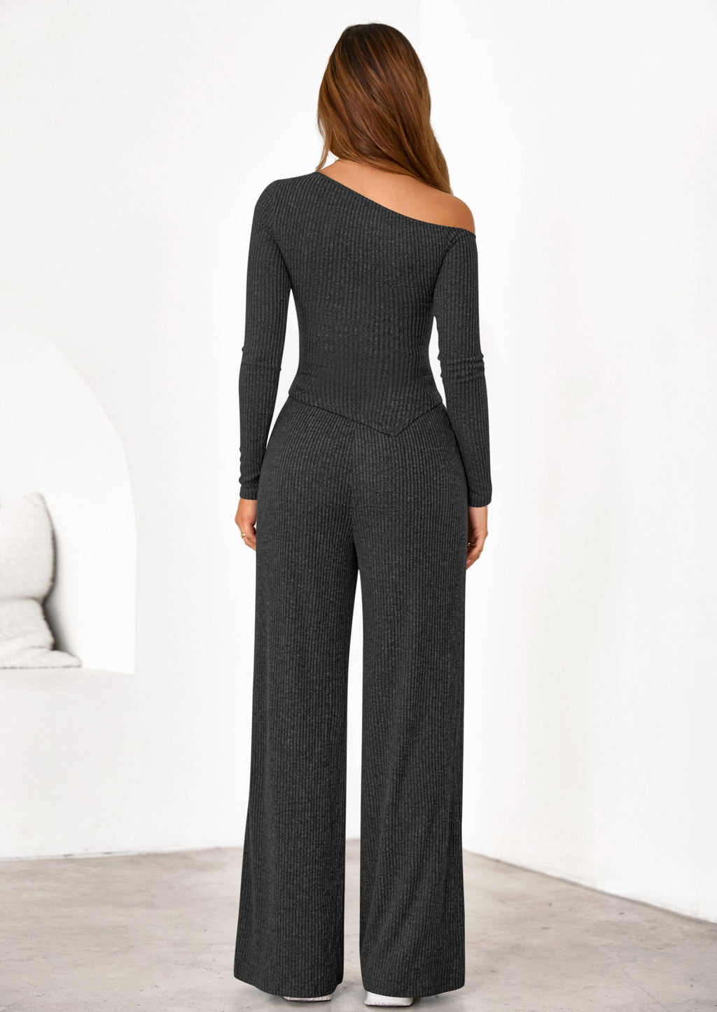 Casual Two Piece Sets for Women Fall Outfits Asymmetrical Off Shoulder Tops Wide Leg Pants Knit Lounge Set