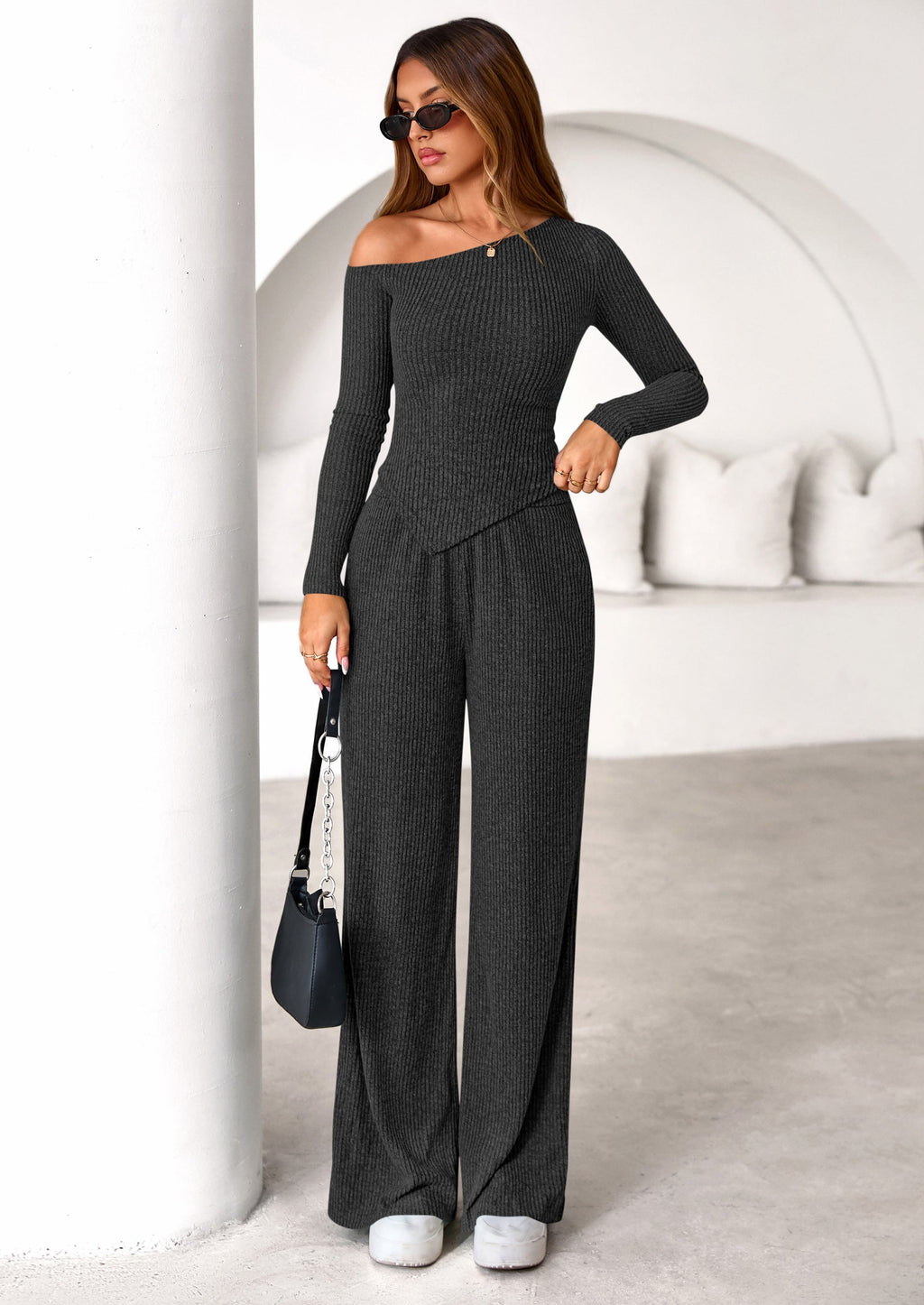Casual Two Piece Sets for Women Fall Outfits Asymmetrical Off Shoulder Tops Wide Leg Pants Knit Lounge Set