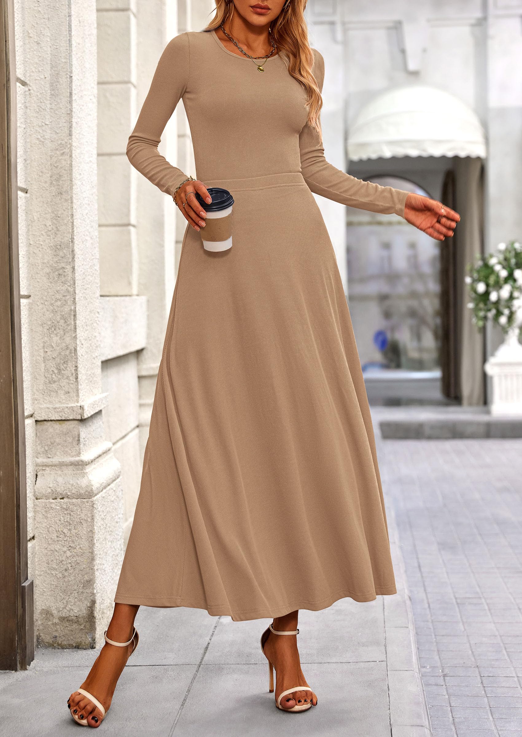 2 Piece Casual Ribbed Knit Long Sleeve Crop Tops Maxi Flowy Skirts Matching Sets