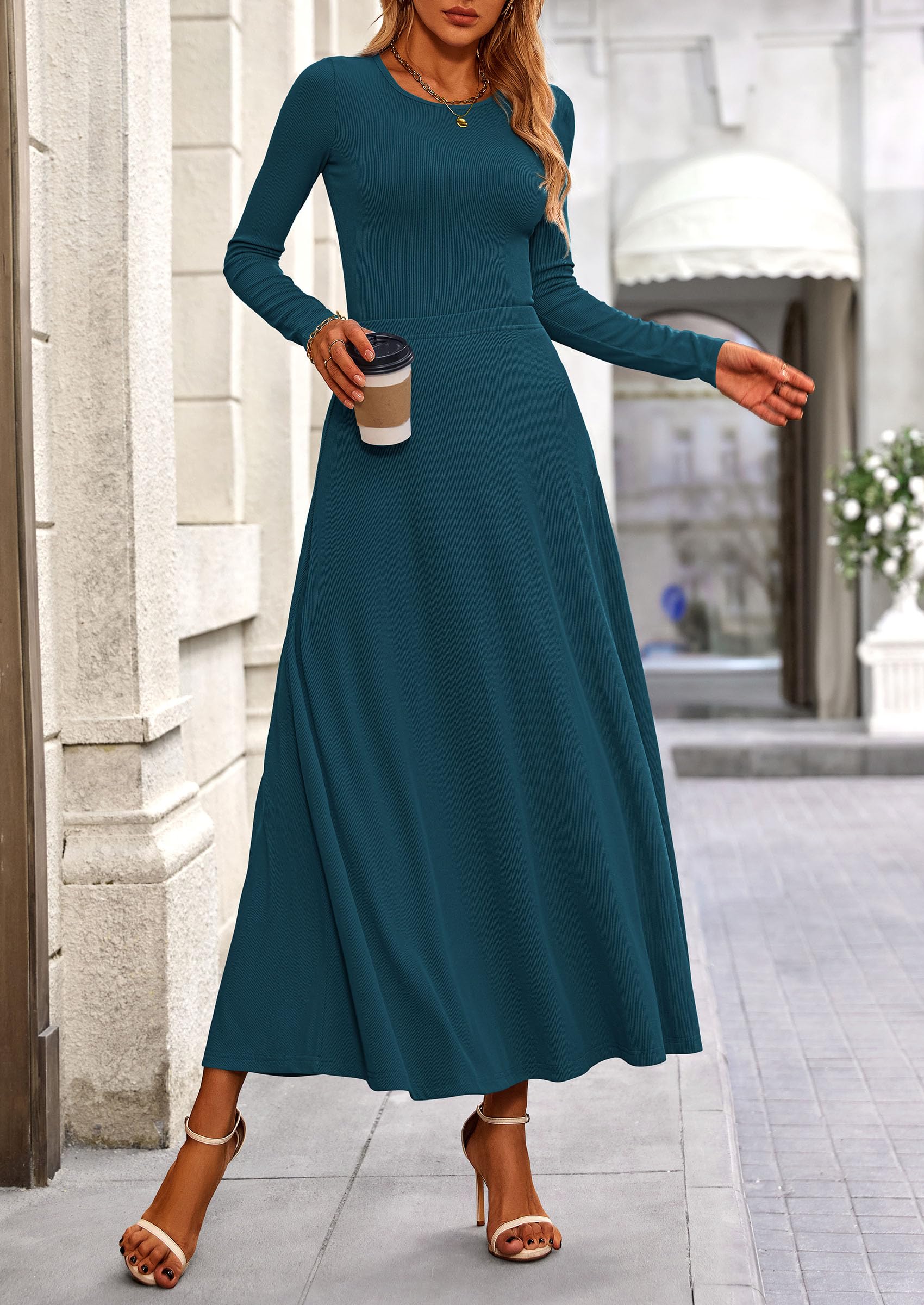 2 Piece Casual Ribbed Knit Long Sleeve Crop Tops Maxi Flowy Skirts Matching Sets
