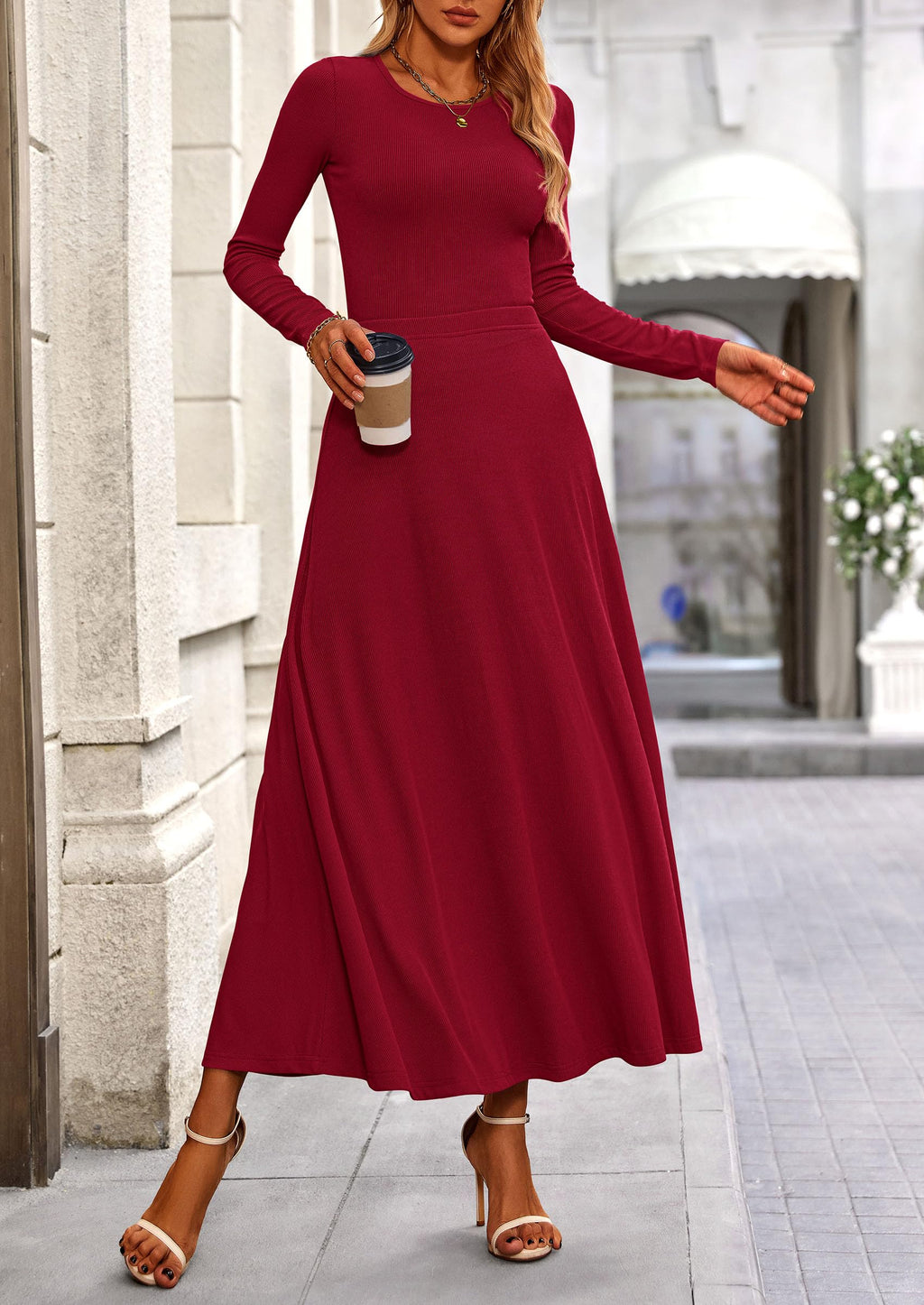 2 Piece Casual Ribbed Knit Long Sleeve Crop Tops Maxi Flowy Skirts Matching Sets