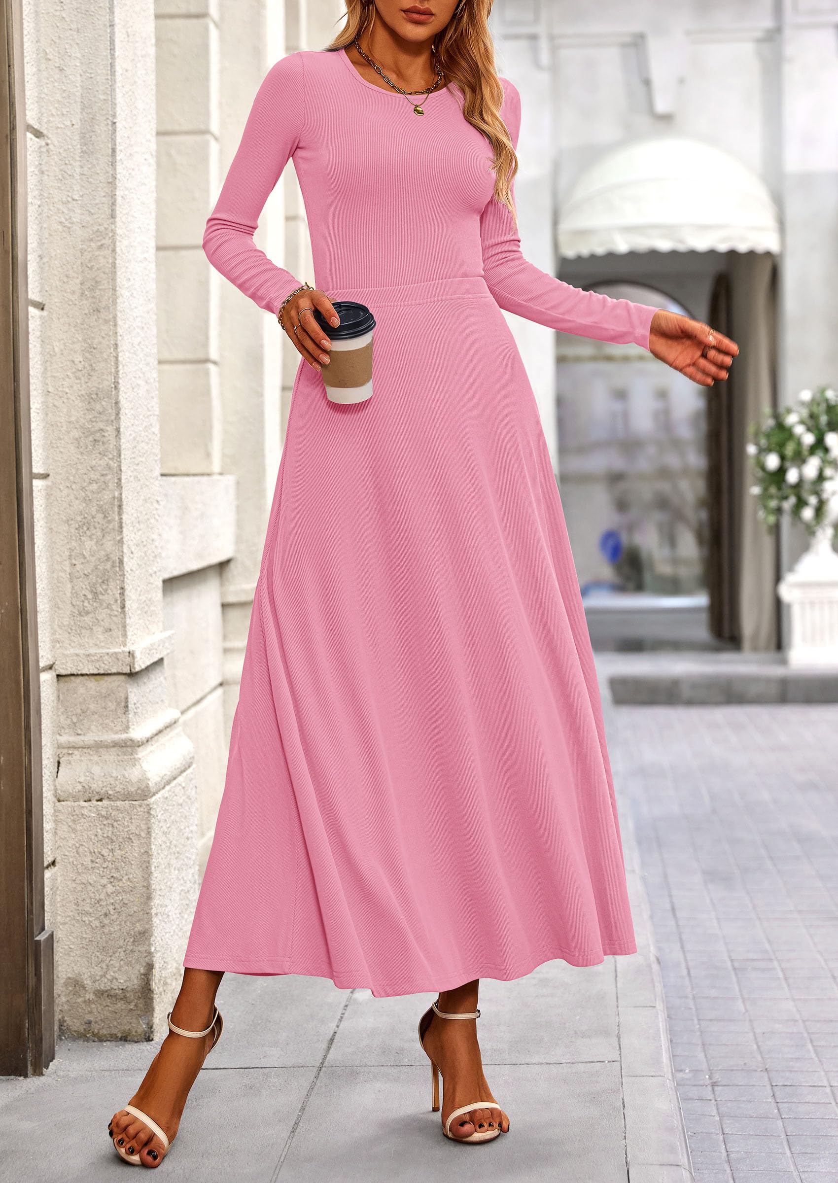 2 Piece Casual Ribbed Knit Long Sleeve Crop Tops Maxi Flowy Skirts Matching Sets