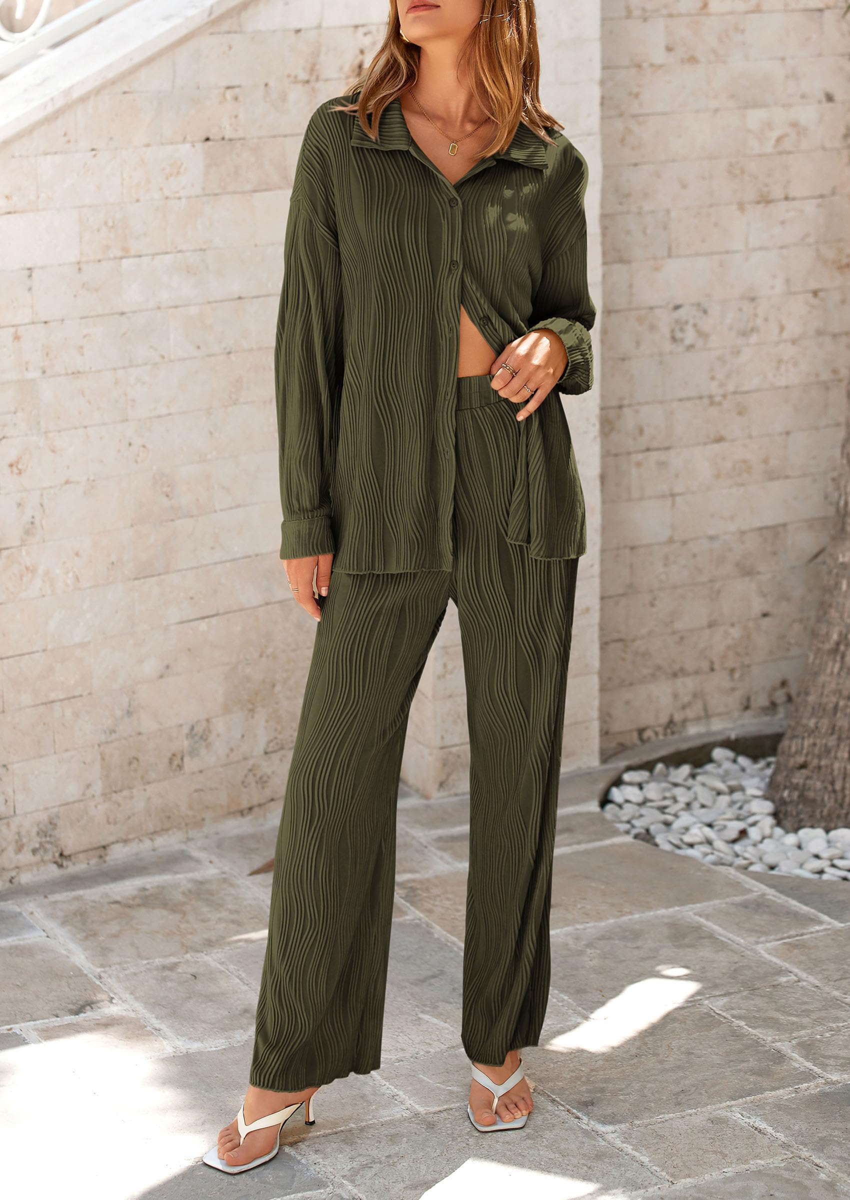 2 Piece Textured Sets Casual Button Down Shirt Wide Leg Pants Outfit Loungewear Tracksuit