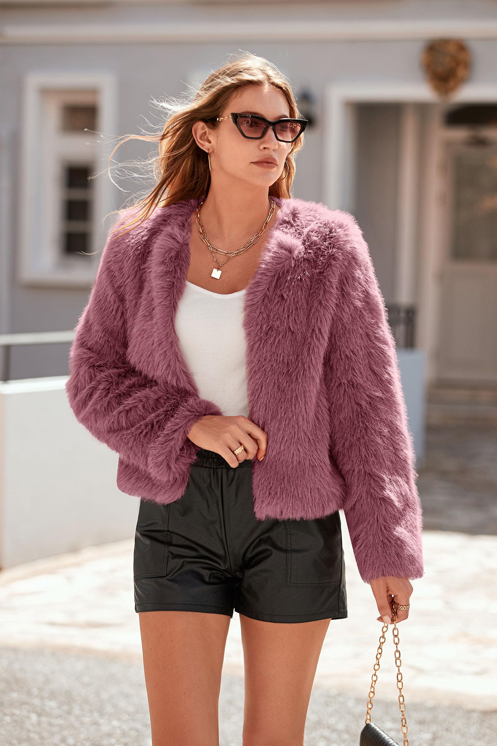 Women's Winter Coats Fleece Cropped Jacket Faux Fur Long Sleeve Pockets Shaggy Warm Outerwear Fall Clothes