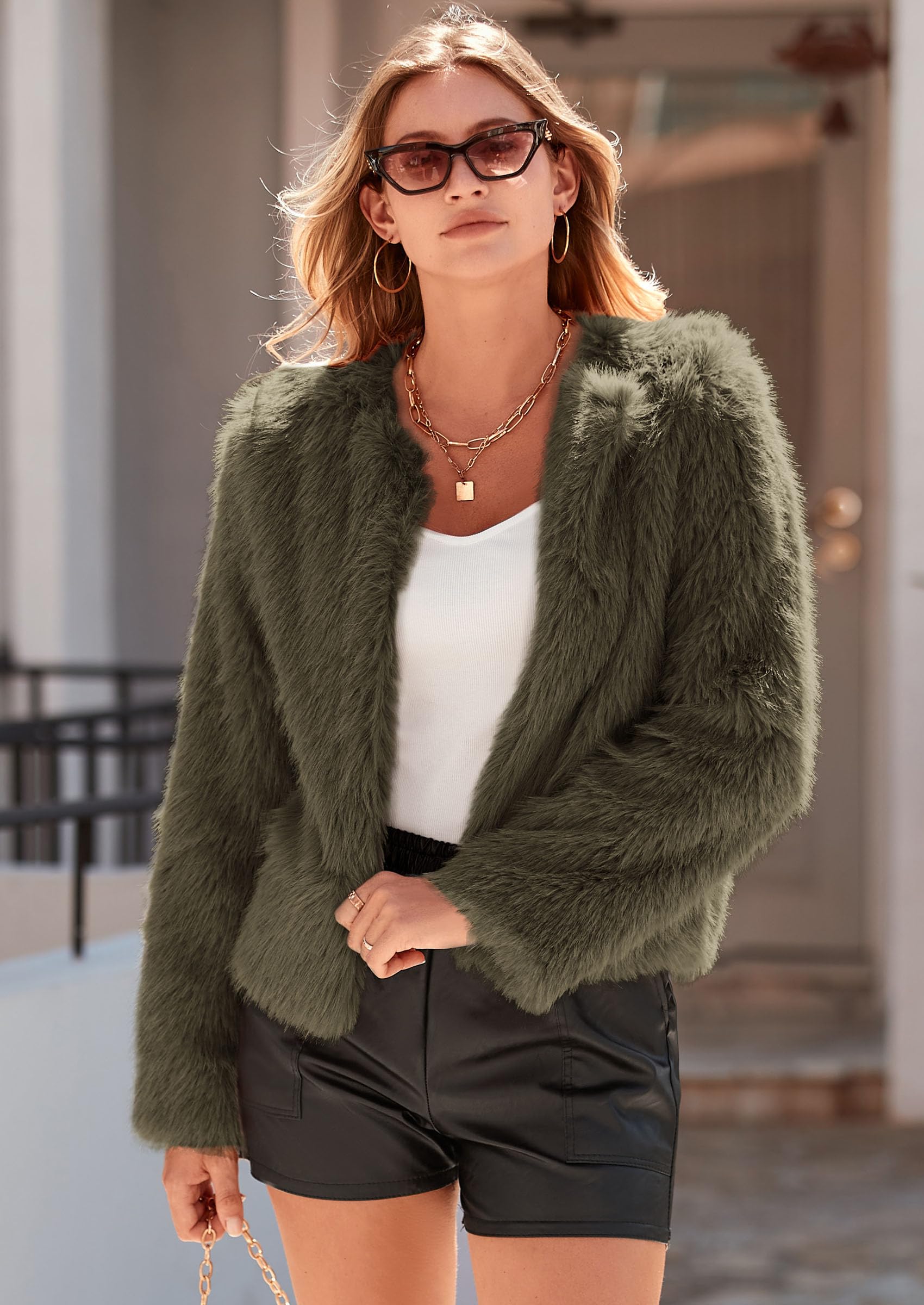 Women's Winter Coats Fleece Cropped Jacket Faux Fur Long Sleeve Pockets Shaggy Warm Outerwear Fall Clothes