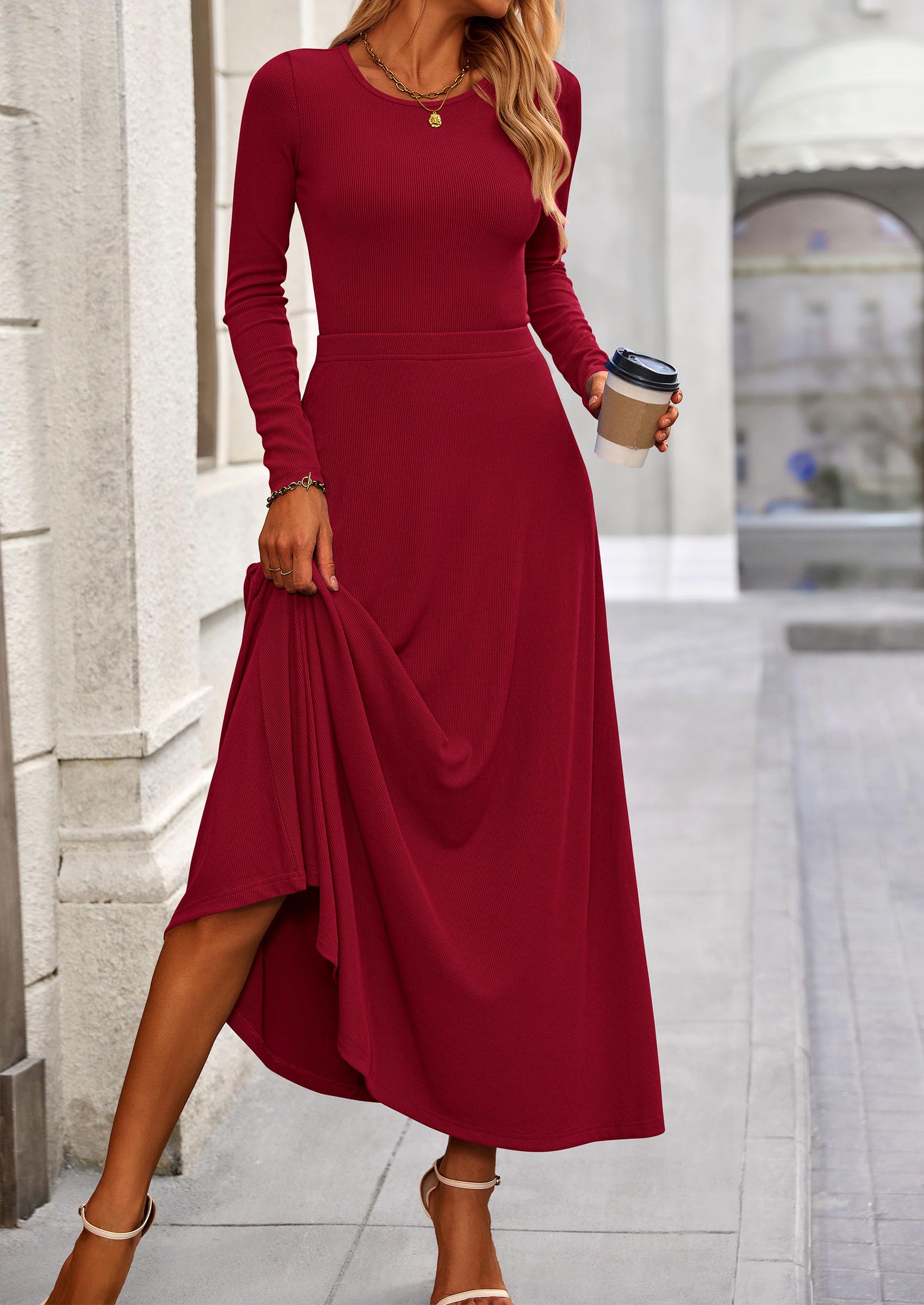 2 Piece Casual Ribbed Knit Long Sleeve Crop Tops Maxi Flowy Skirts Matching Sets