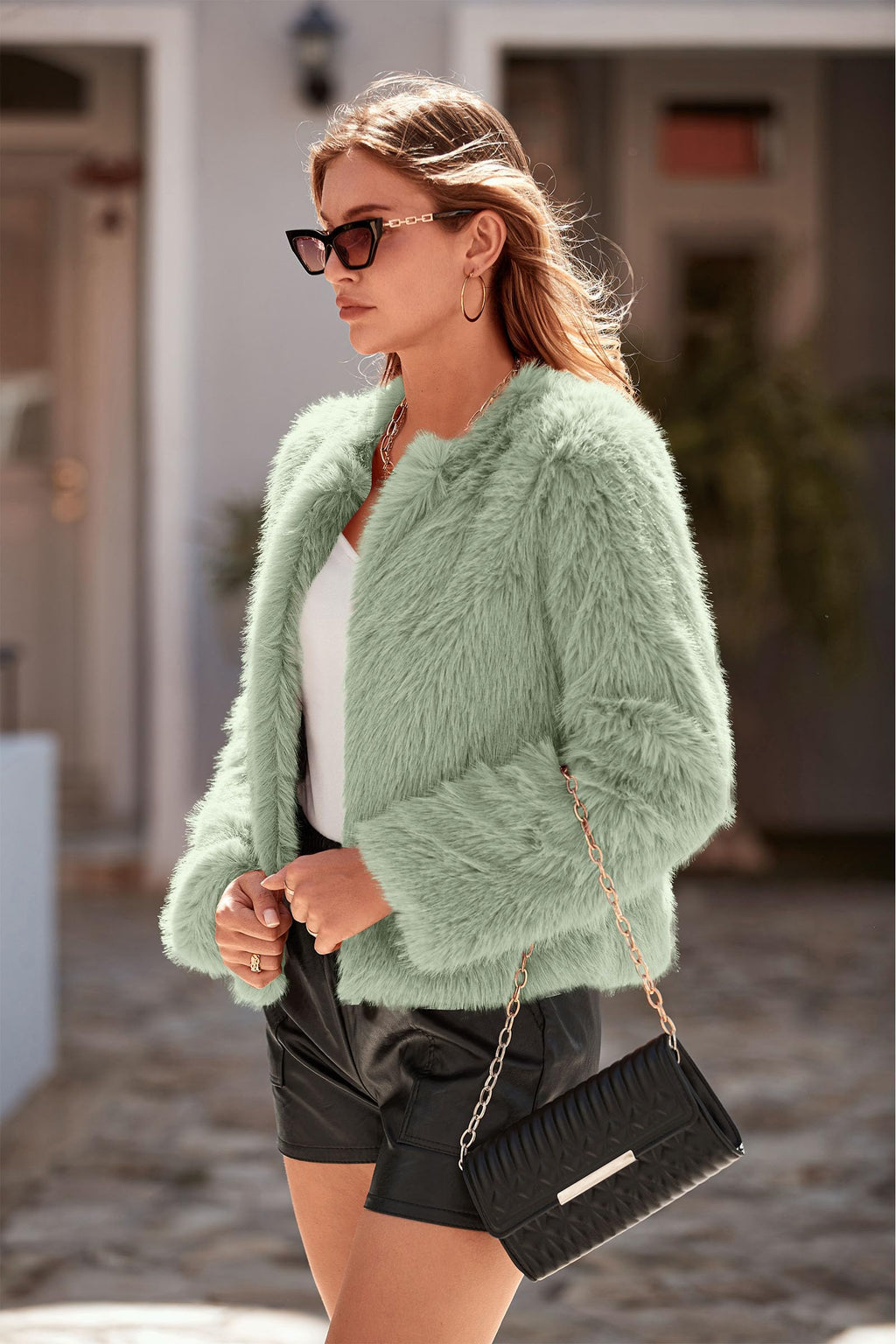 Women's Winter Coats Fleece Cropped Jacket Faux Fur Long Sleeve Pockets Shaggy Warm Outerwear Fall Clothes