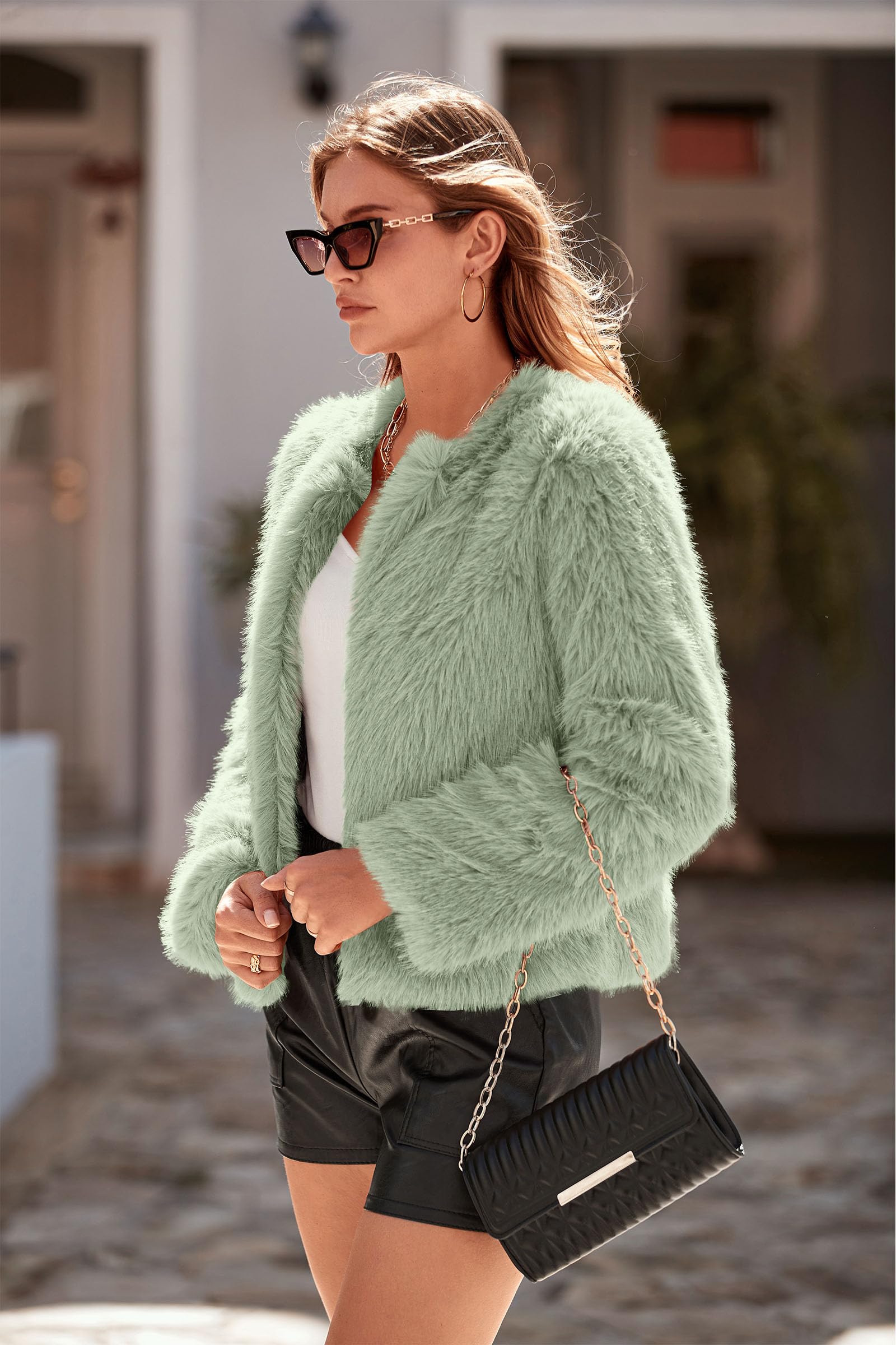 Women's Winter Coats Fleece Cropped Jacket Faux Fur Long Sleeve Pockets Shaggy Warm Outerwear Fall Clothes