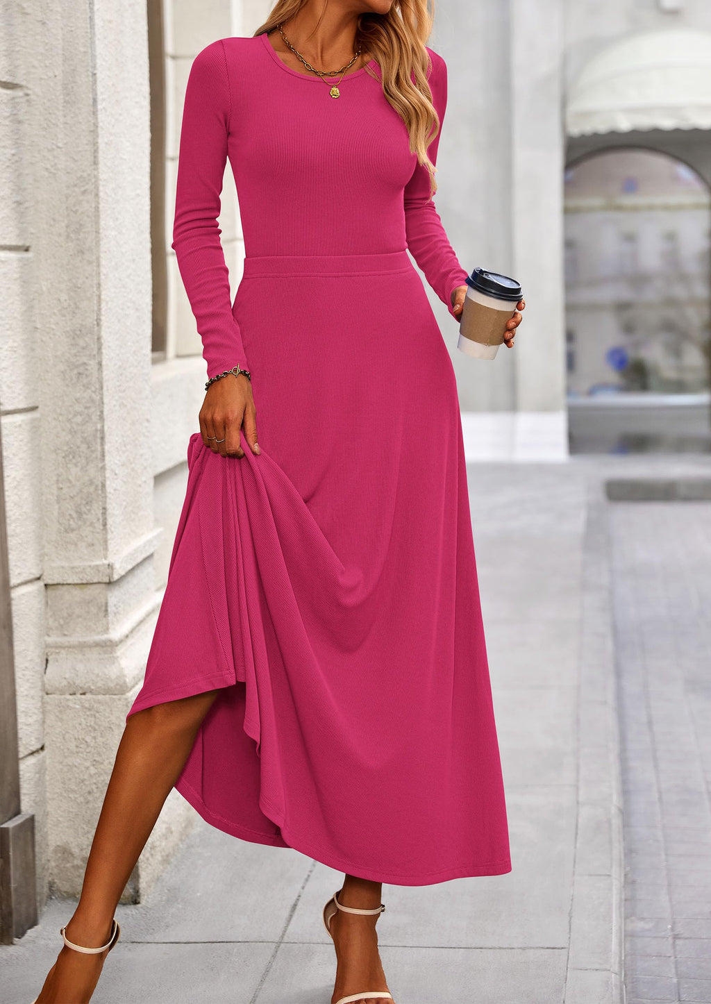 2 Piece Casual Ribbed Knit Long Sleeve Crop Tops Maxi Flowy Skirts Matching Sets