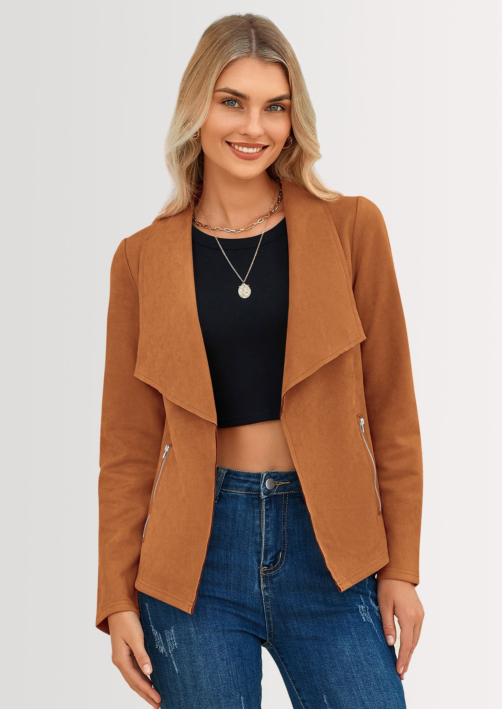 Women's Faux Suede Jackets Fashion Fall Clothes Long Sleeve Open Front Cropped Coat Outwear