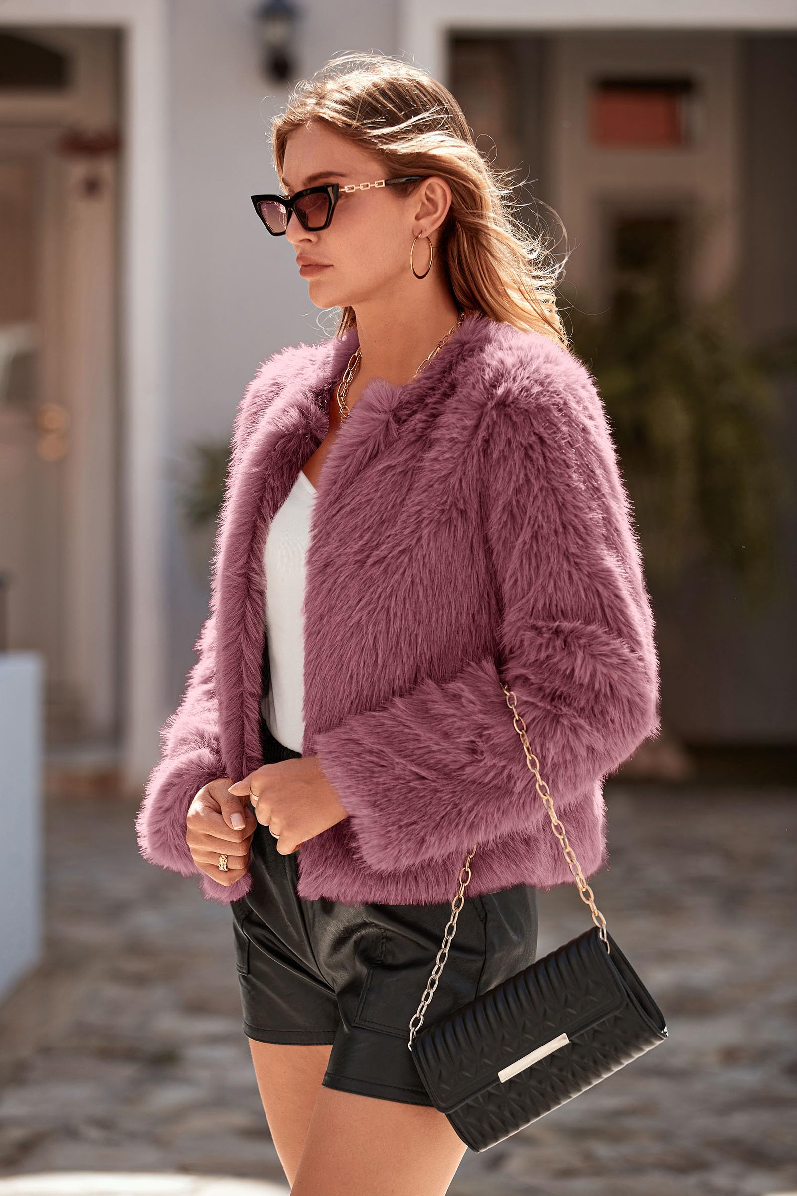 Women's Winter Coats Fleece Cropped Jacket Faux Fur Long Sleeve Pockets Shaggy Warm Outerwear Fall Clothes