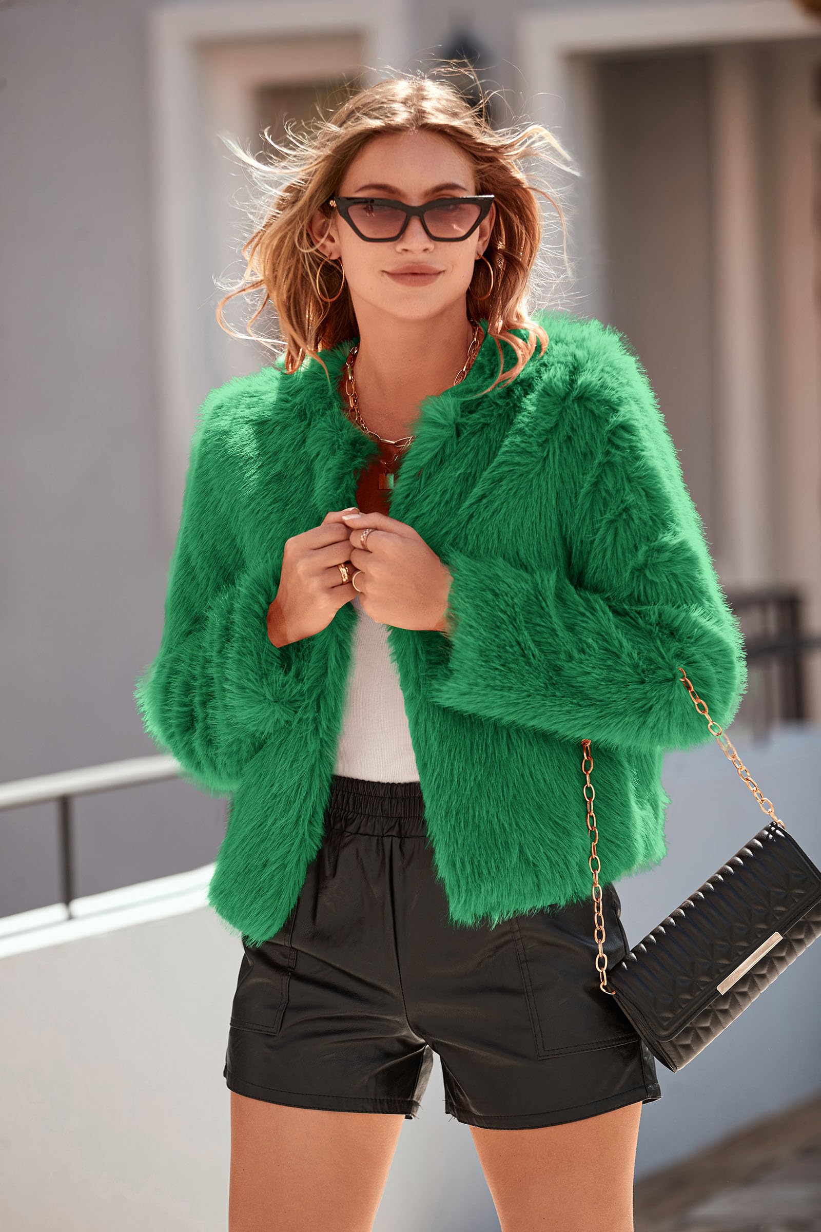 Women's Winter Coats Fleece Cropped Jacket Faux Fur Long Sleeve Pockets Shaggy Warm Outerwear Fall Clothes