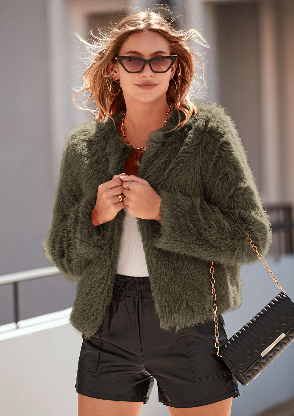 Women's Winter Coats Fleece Cropped Jacket Faux Fur Long Sleeve Pockets Shaggy Warm Outerwear Fall Clothes