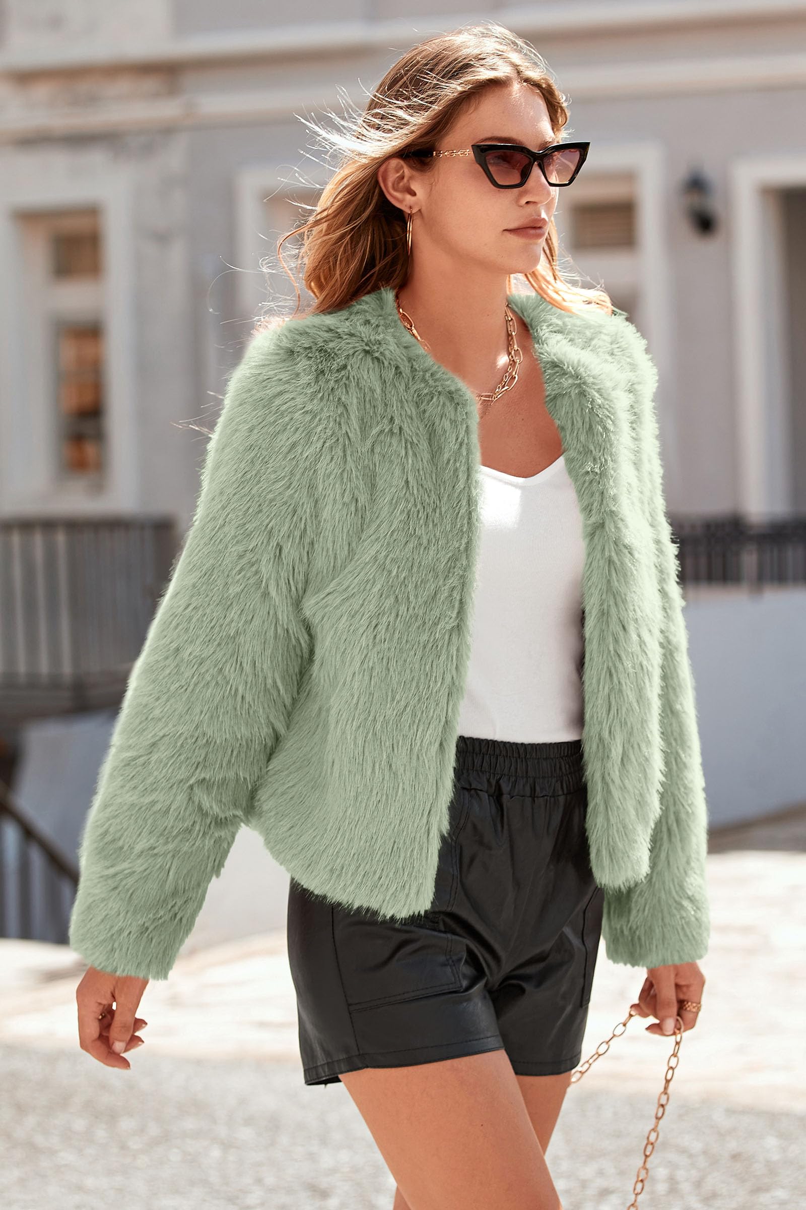 Women's Winter Coats Fleece Cropped Jacket Faux Fur Long Sleeve Pockets Shaggy Warm Outerwear Fall Clothes