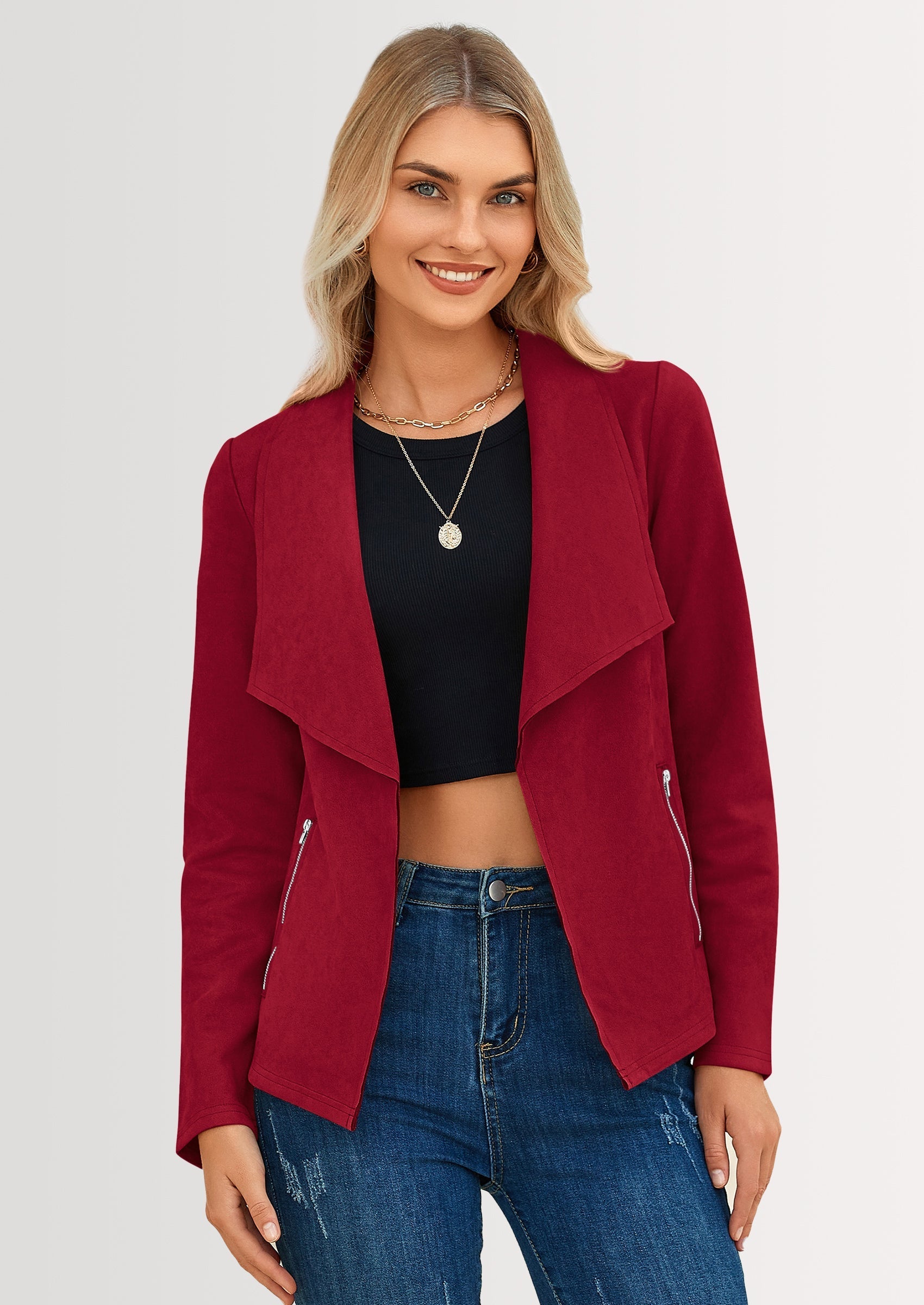 Women's Faux Suede Jackets Fashion Fall Clothes Long Sleeve Open Front Cropped Coat Outwear
