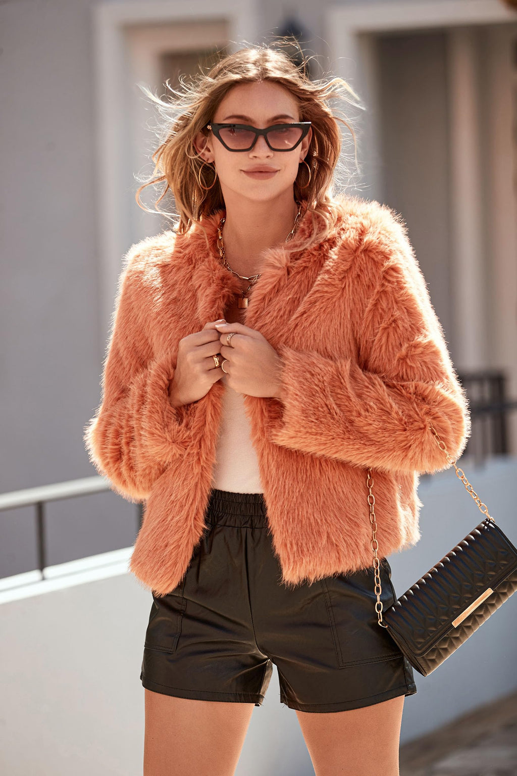 Women's Winter Coats Fleece Cropped Jacket Faux Fur Long Sleeve Pockets Shaggy Warm Outerwear Fall Clothes