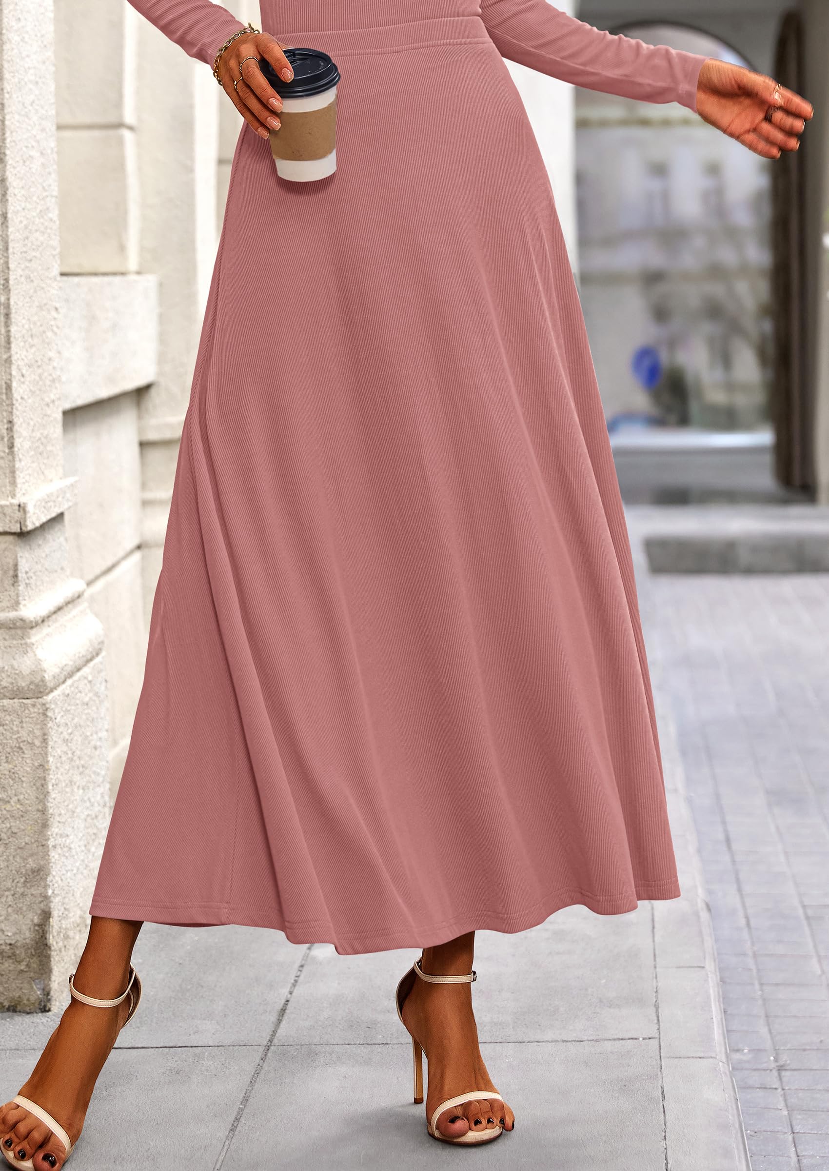 2 Piece Casual Ribbed Knit Long Sleeve Crop Tops Maxi Flowy Skirts Matching Sets